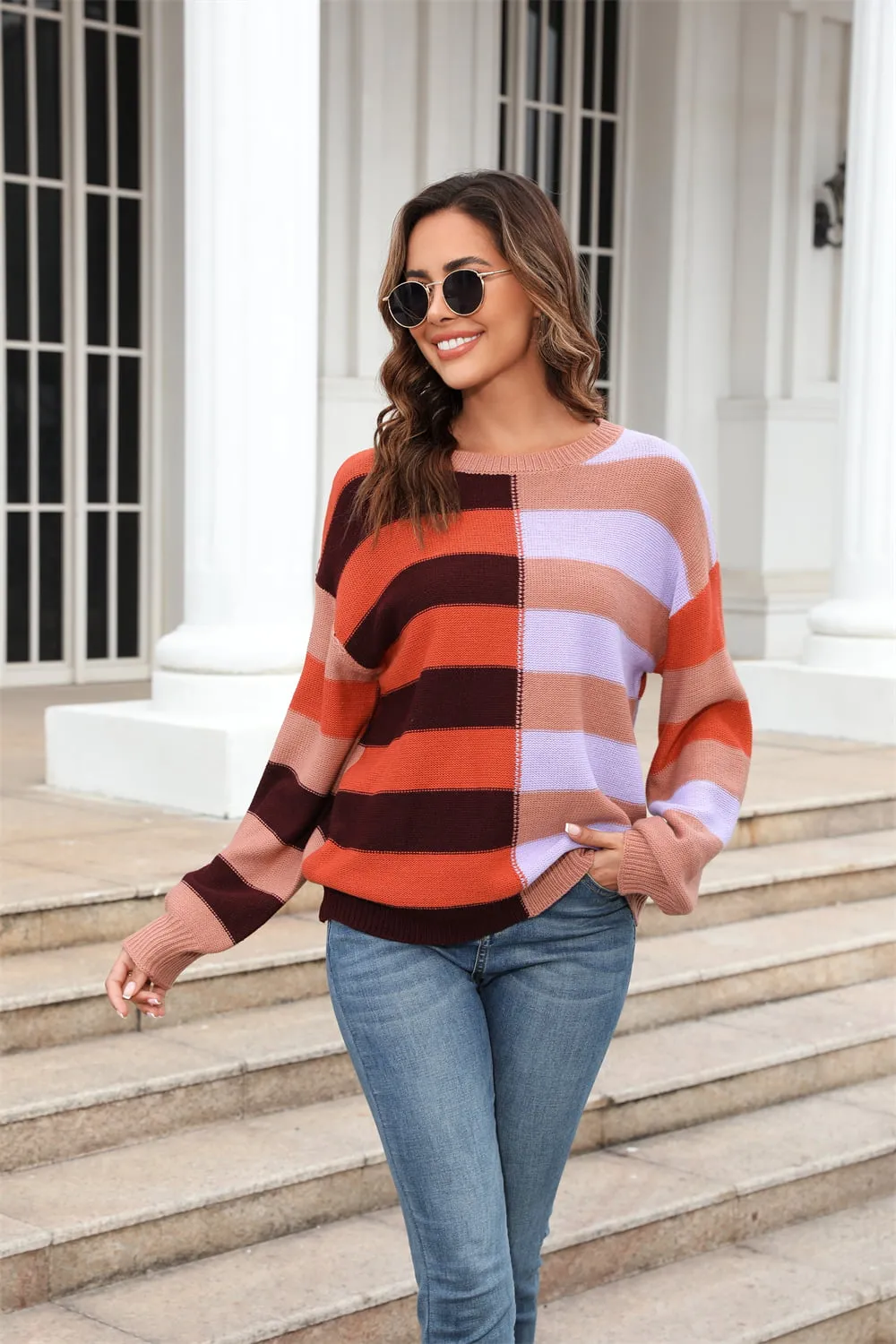 Round Neck Long Sleeve Color Block Dropped Shoulder Pullover Sweater, image 5
