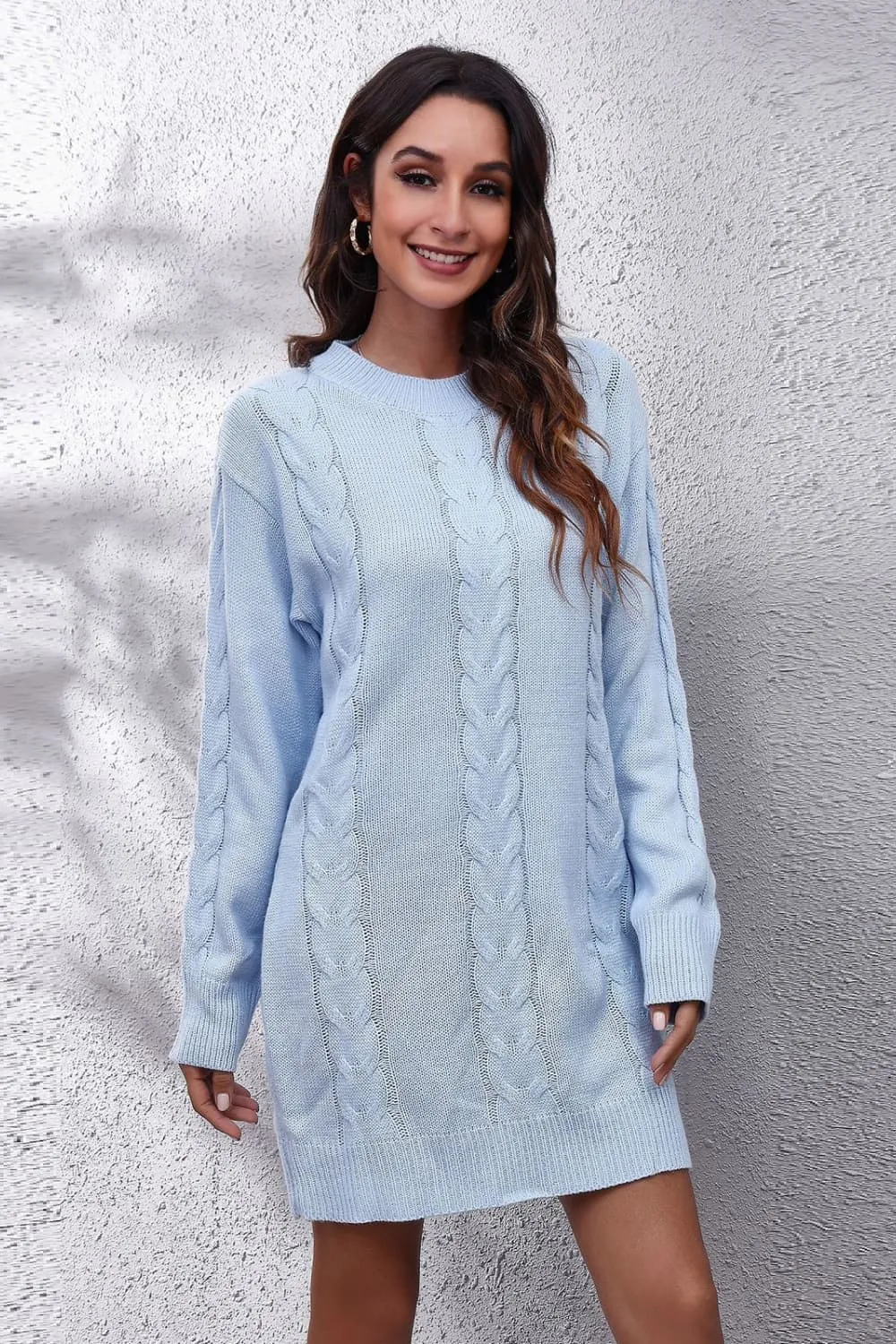 Cable-Knit Round Neck Sweater Dress, image 2