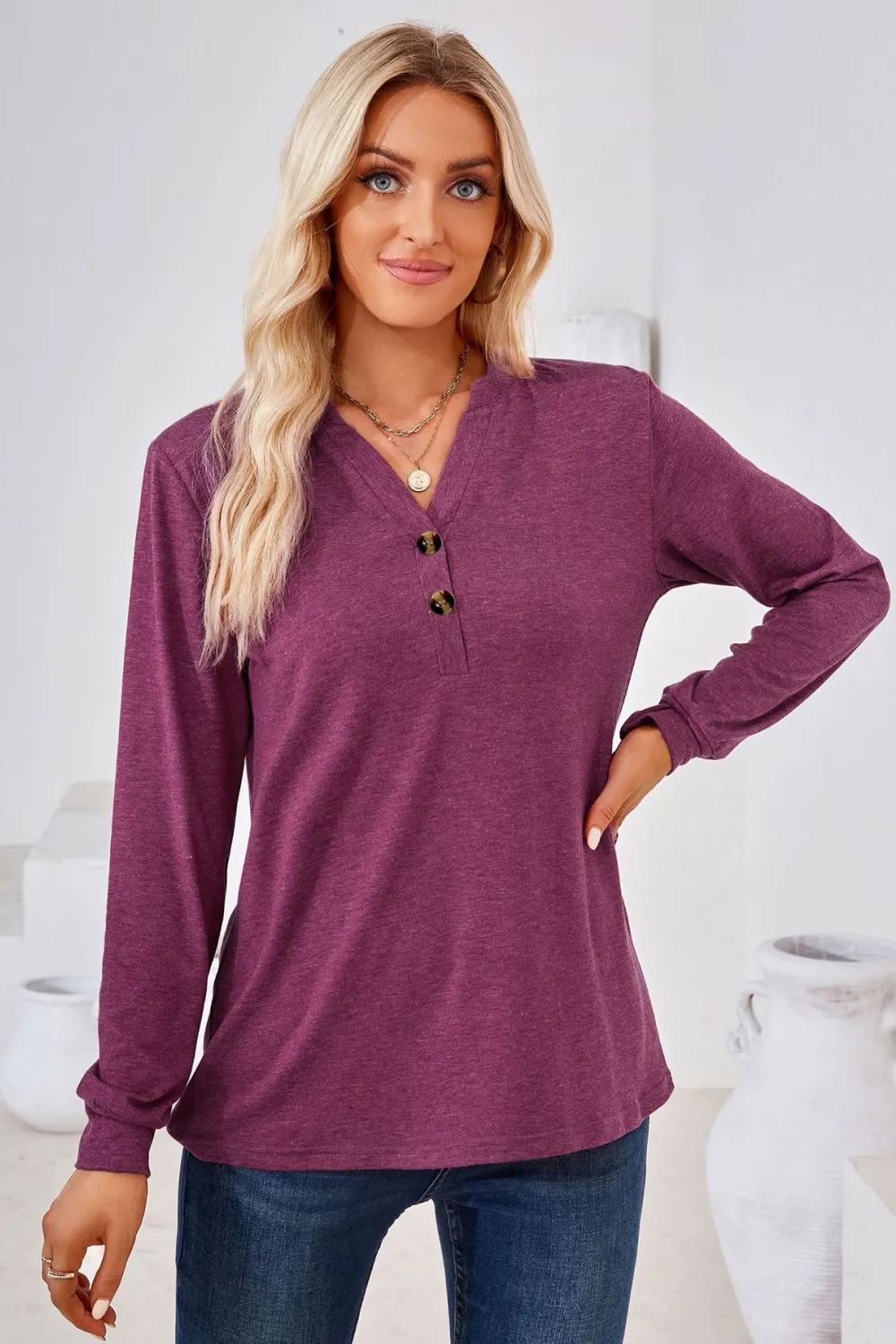 V-Neck Buttoned Long Sleeve Blouse, image 6