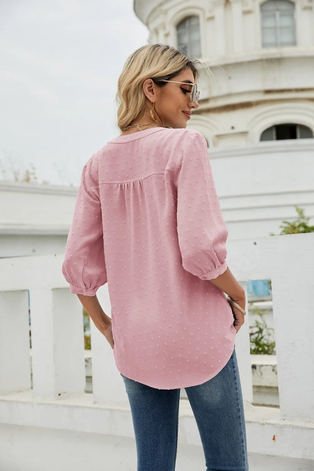 Swiss Dot Notched Neck Three-Quarter Sleeve Blouse, image 14