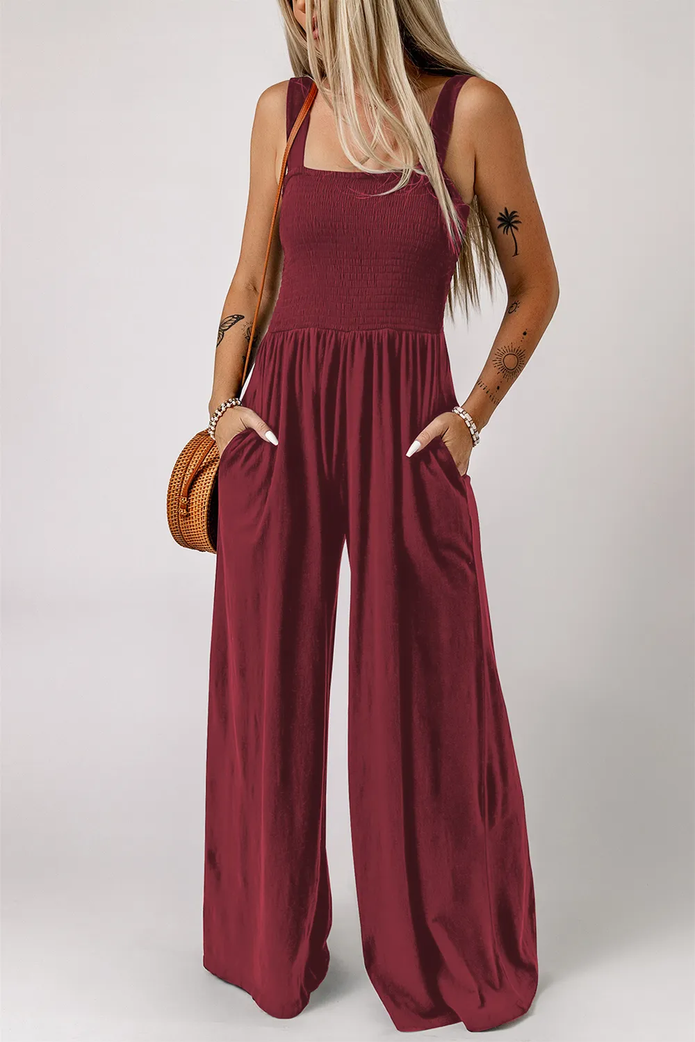 Smocked Square Neck Wide Leg Jumpsuit with Pockets, image 5