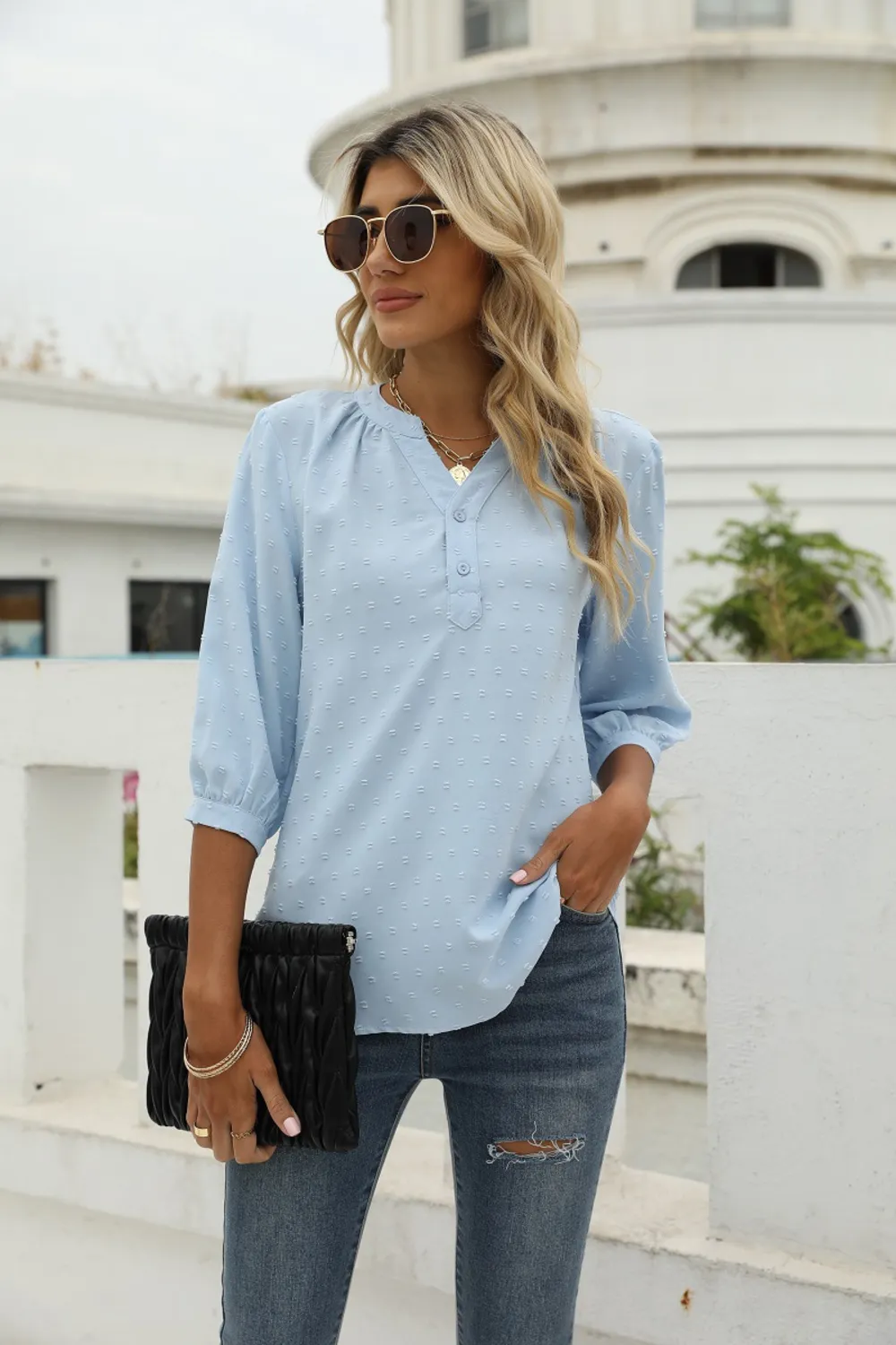 Swiss Dot Notched Neck Three-Quarter Sleeve Blouse, image 6