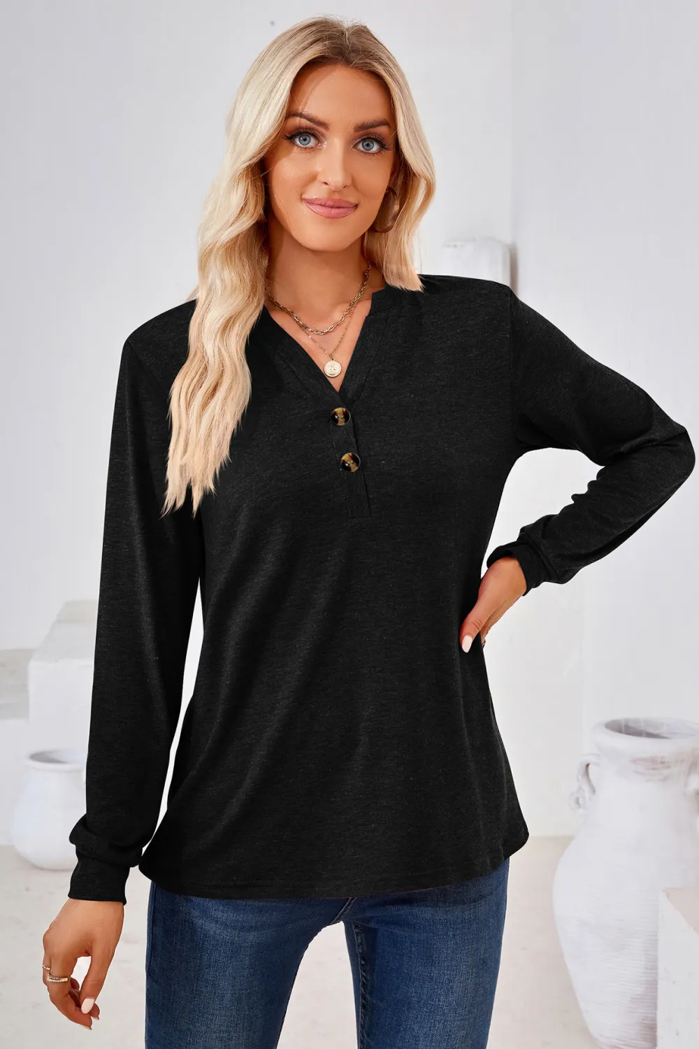 V-Neck Buttoned Long Sleeve Blouse, image 18