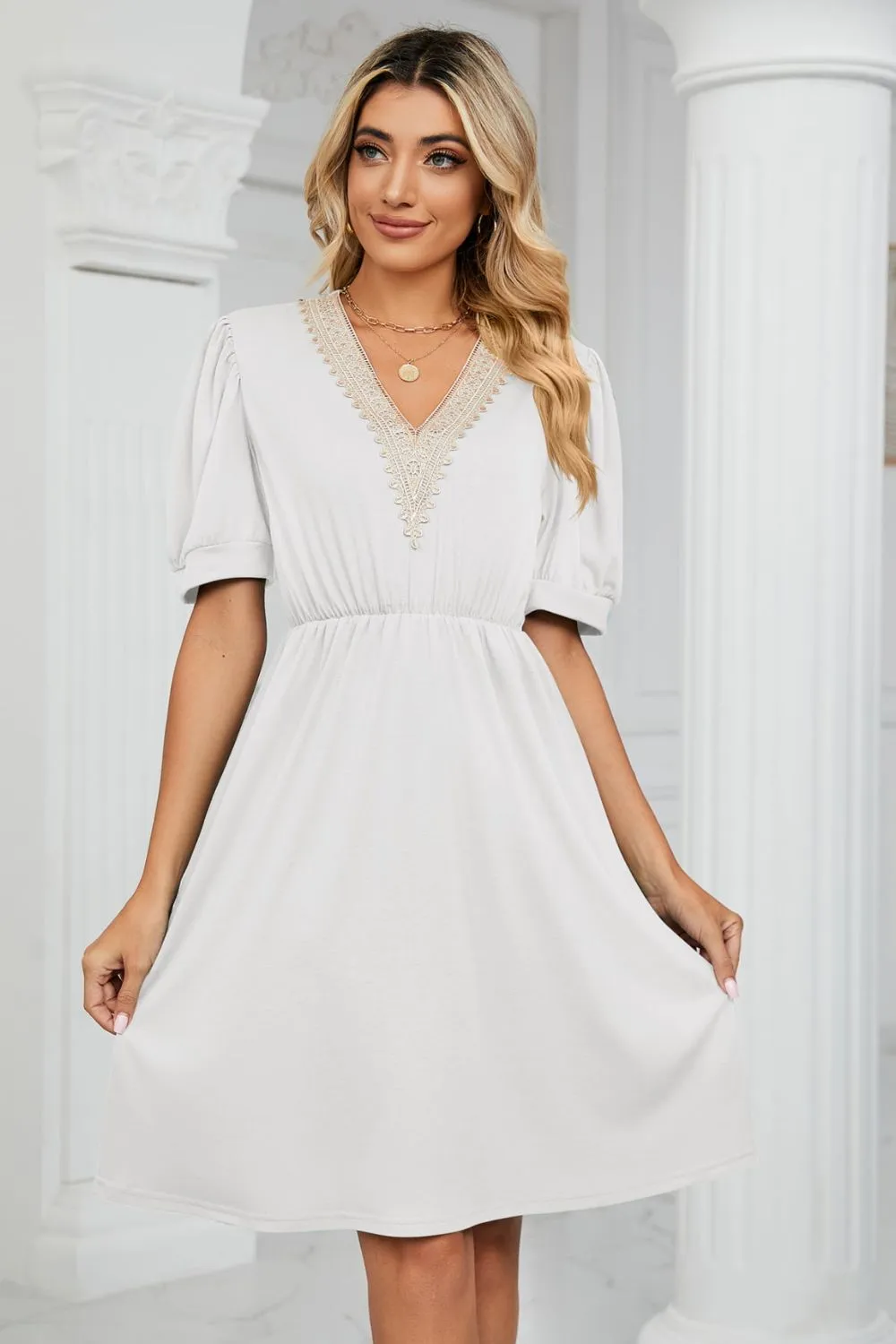 Contrast V-Neck Puff Sleeve Pocket Dress, image 6