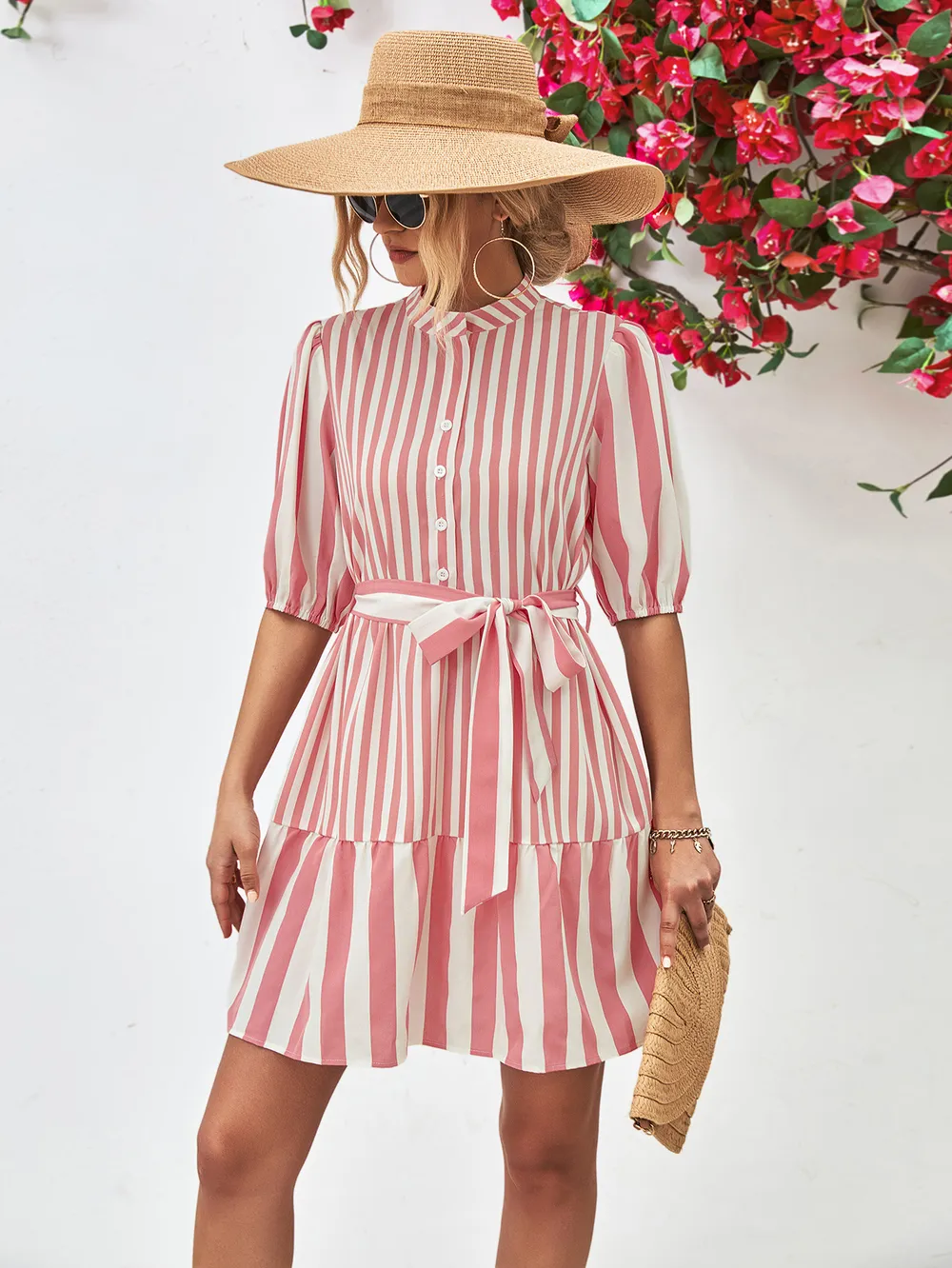 Striped Half Sleeve Tie Waist Mini Dress, image 6