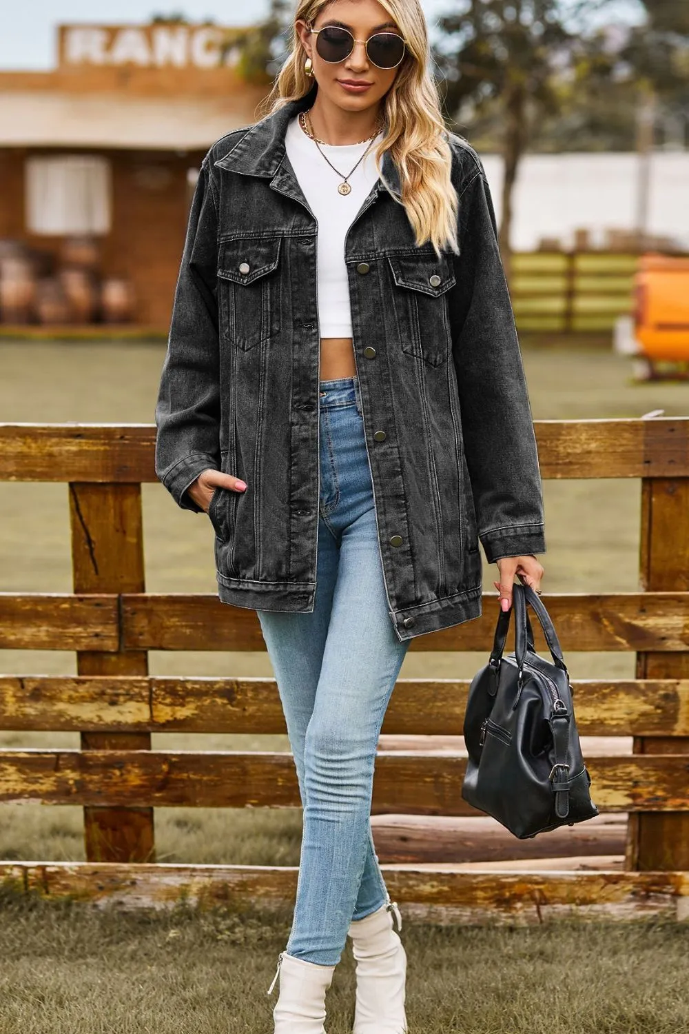 Buttoned Collared Neck Denim Jacket with Pockets, image 8
