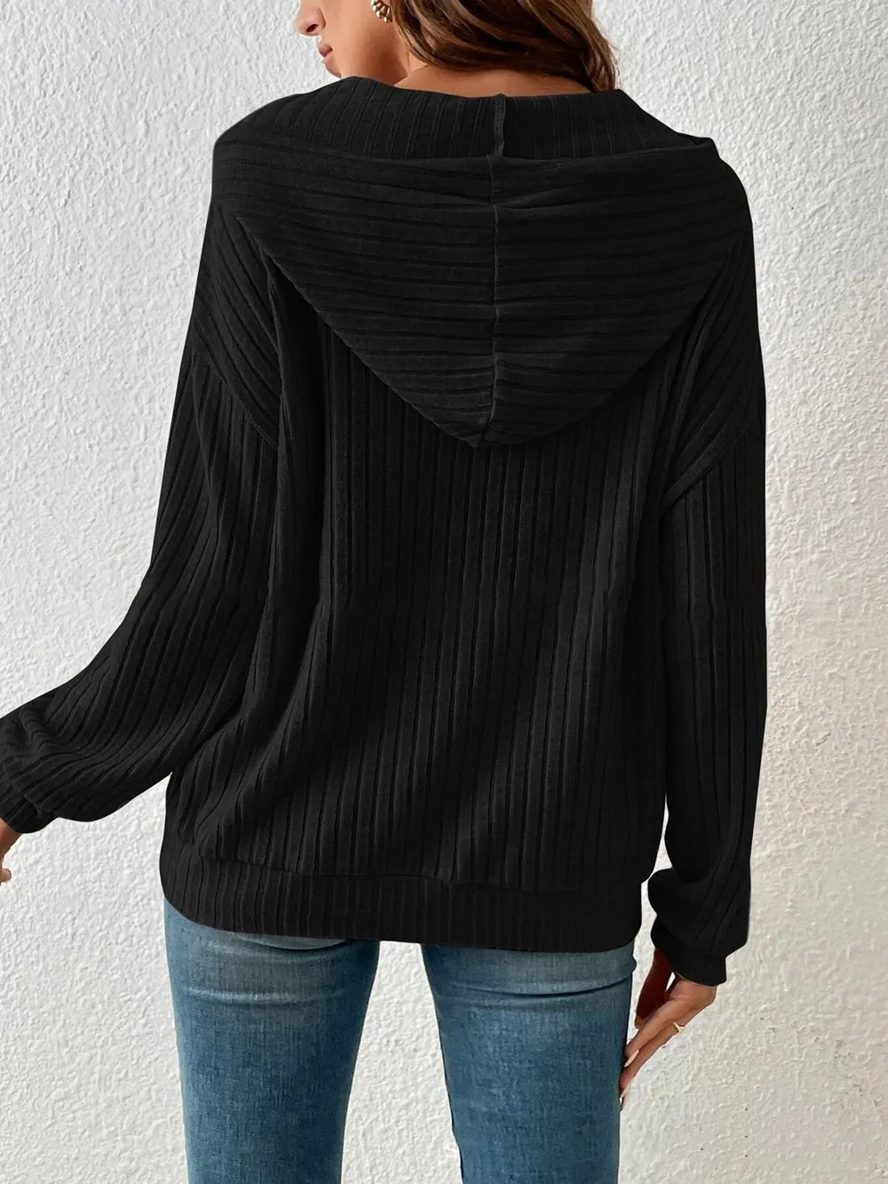 Ribbed Dropped Shoulder Drawstring Hoodie, image 15