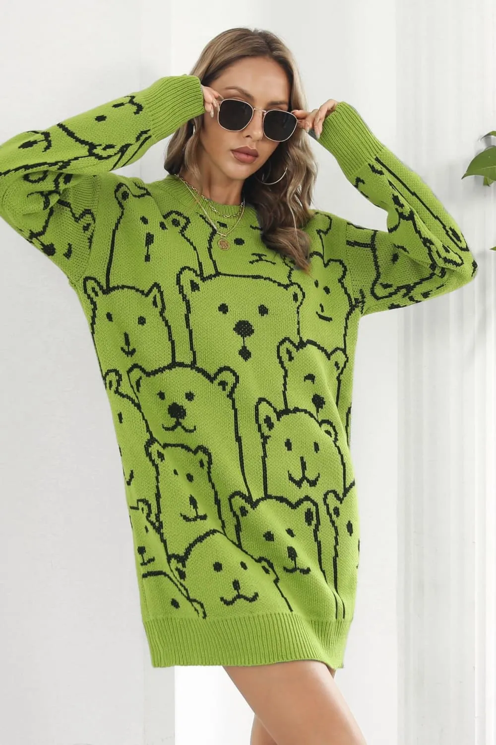 Bear Pattern Round Neck Sweater Dress, image 8