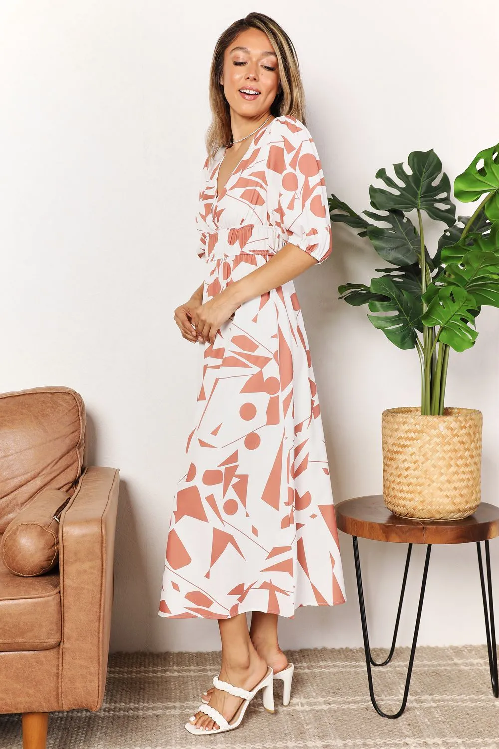 Printed Surplice Balloon Sleeve Dress, image 3