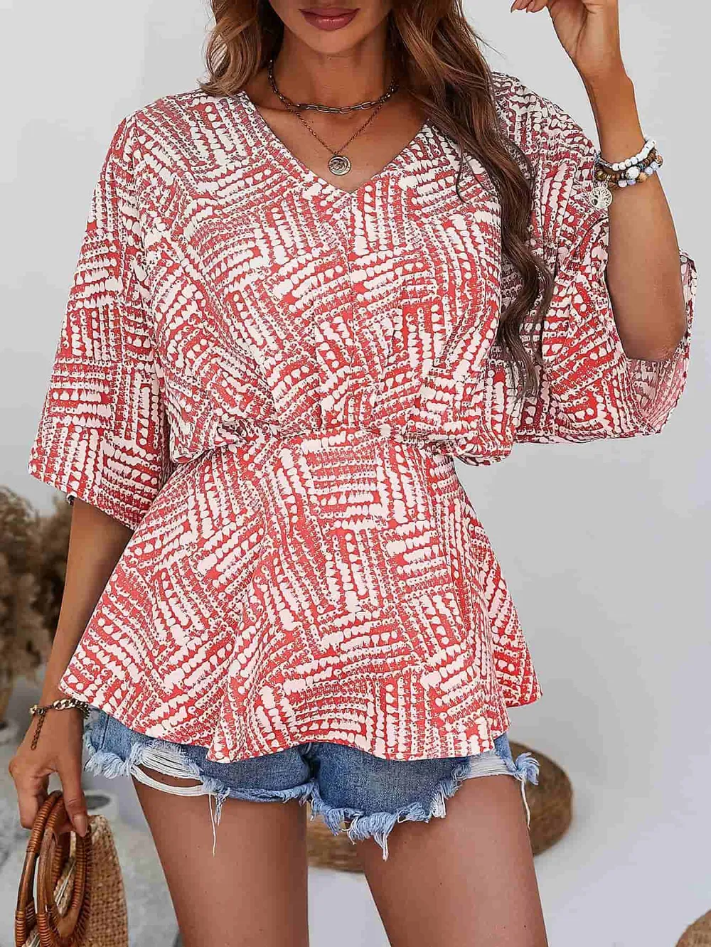 Printed V-Neck Dolman Sleeve Blouse, image 7