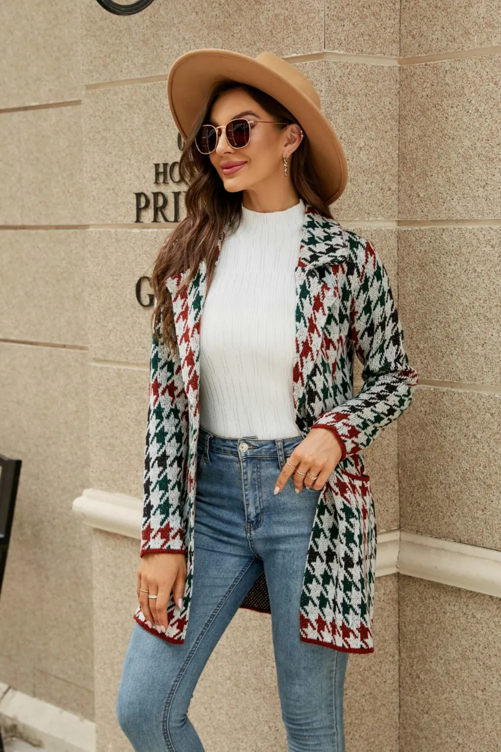 Printed Open Front Lapel Collar Cardigan with Pockets, image 11