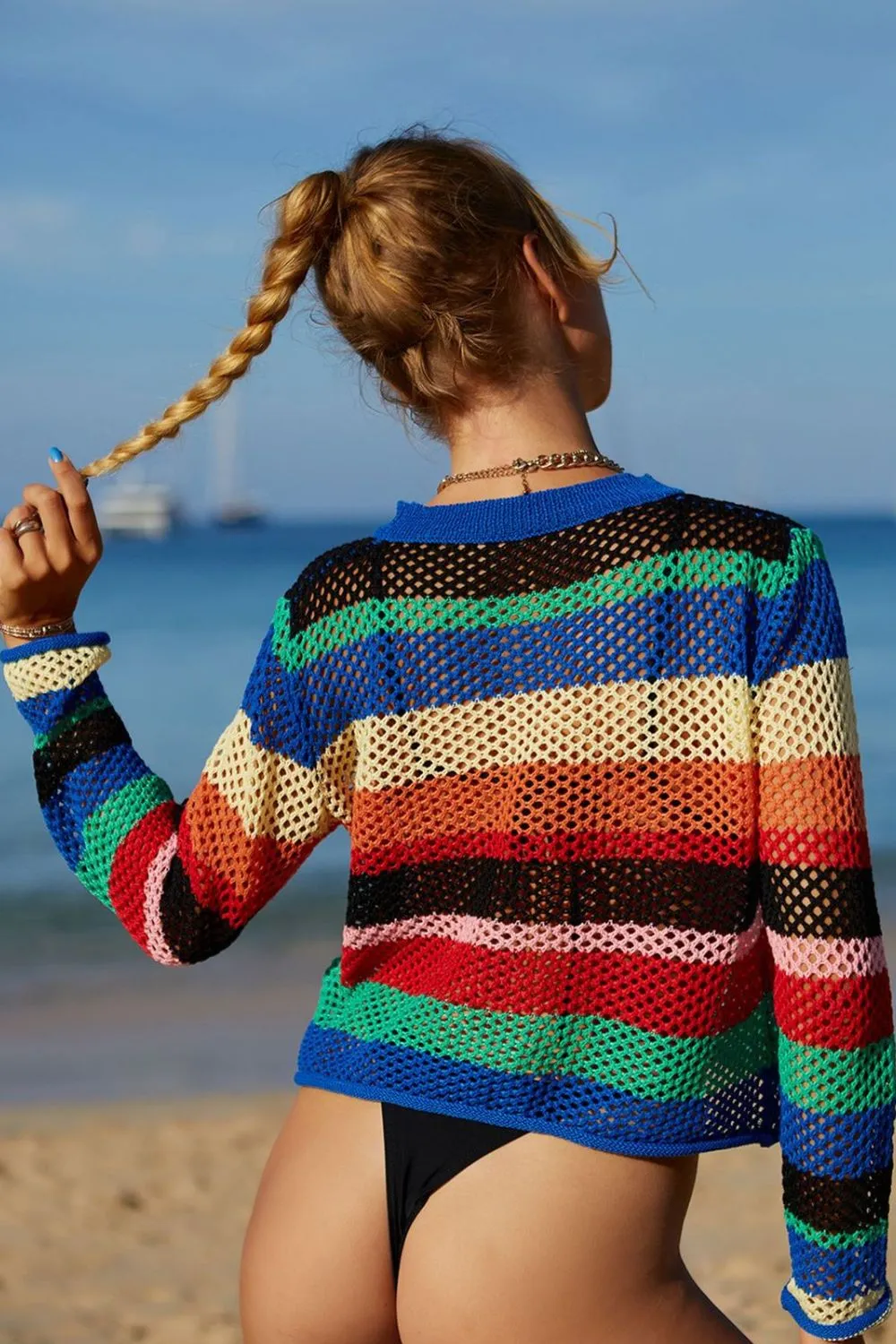 Rainbow Stripe Openwork Long Sleeve Cover-Up, image 12