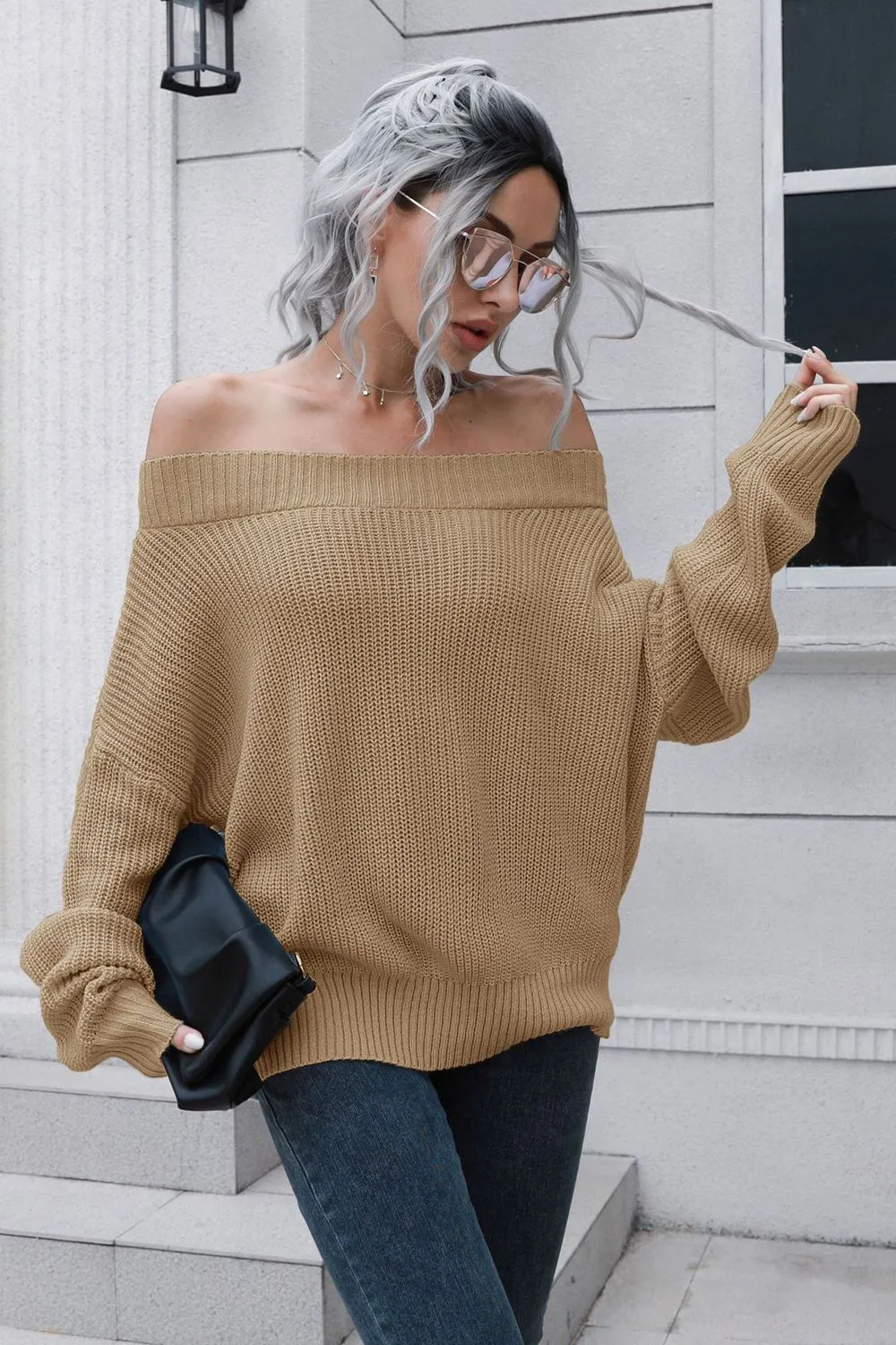 Off-Shoulder Ribbed Long Sleeve Pullover Sweater, image 6