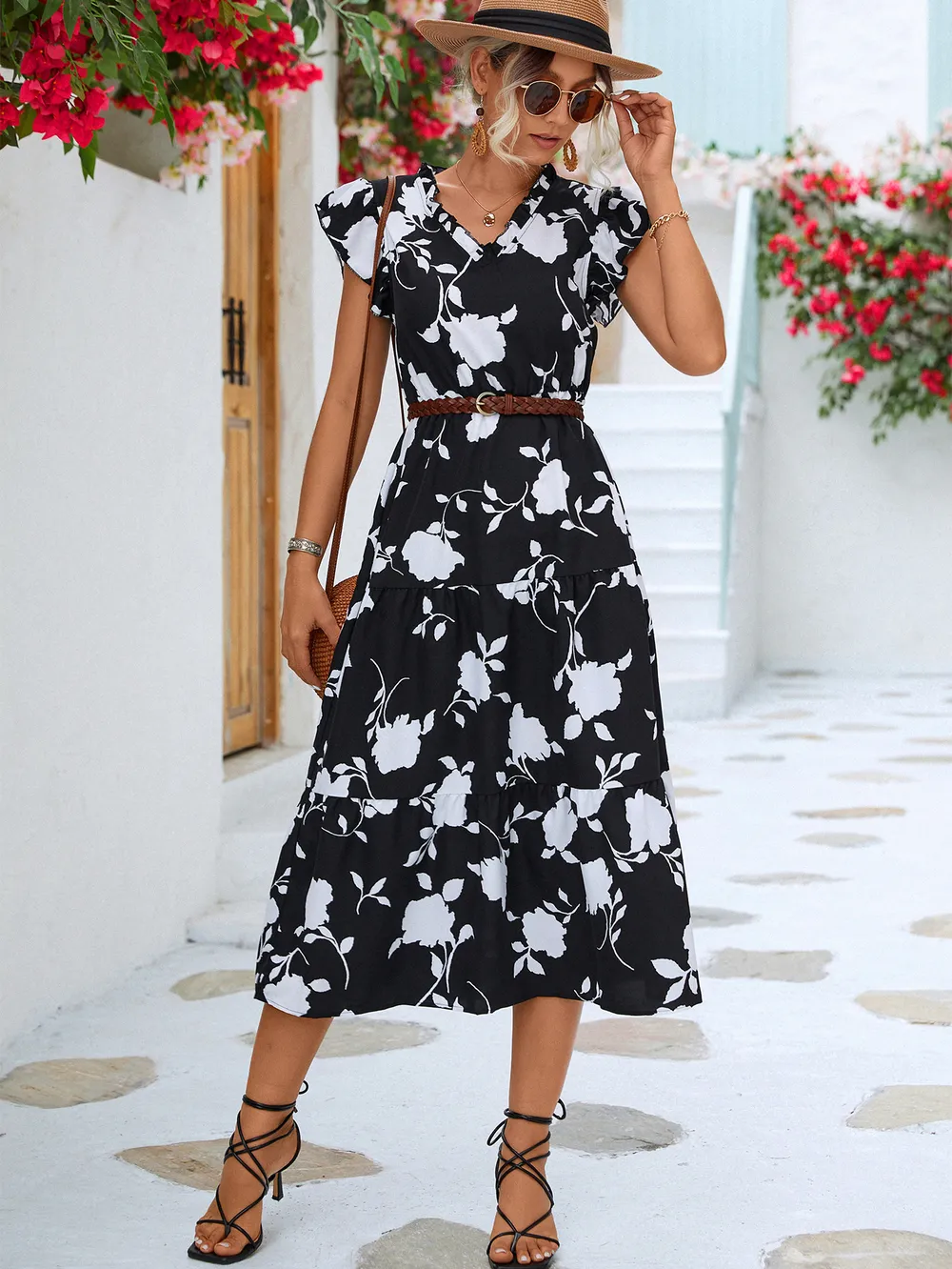 Floral Frill Trim V-Neck Tiered Midi Dress, image 4