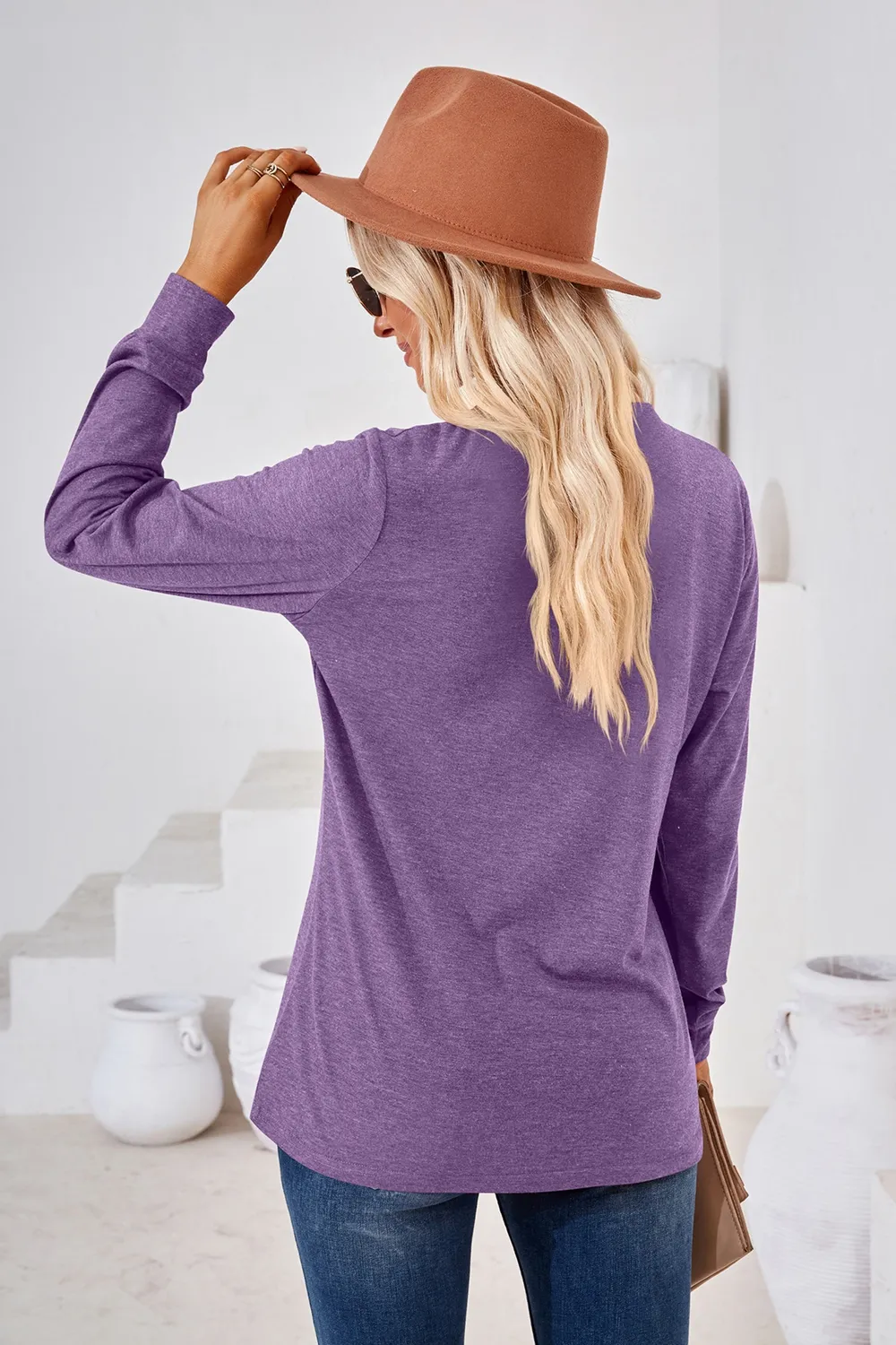 V-Neck Buttoned Long Sleeve Blouse, image 3
