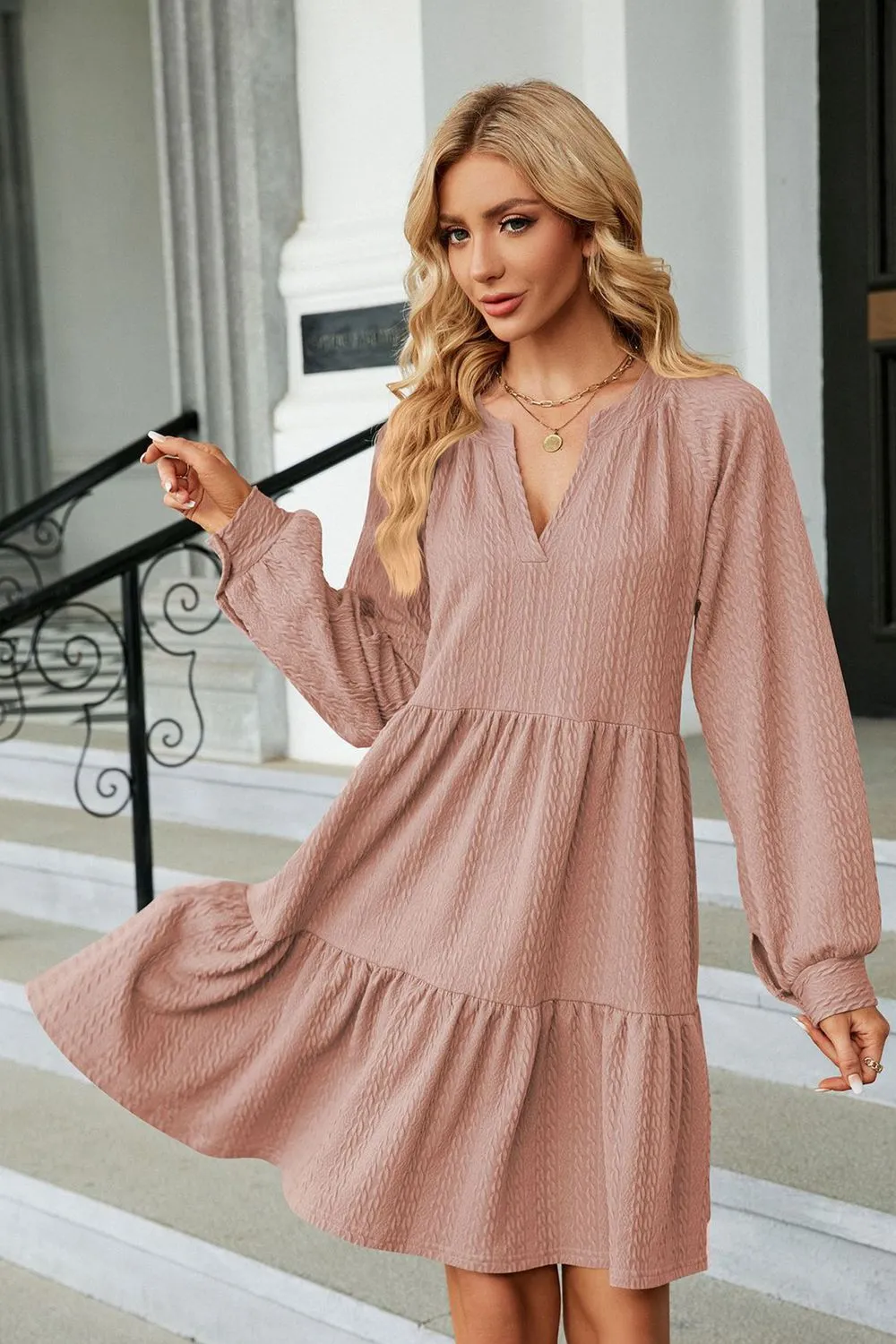 Notched Neck Long Sleeve Mini Dress, image 8