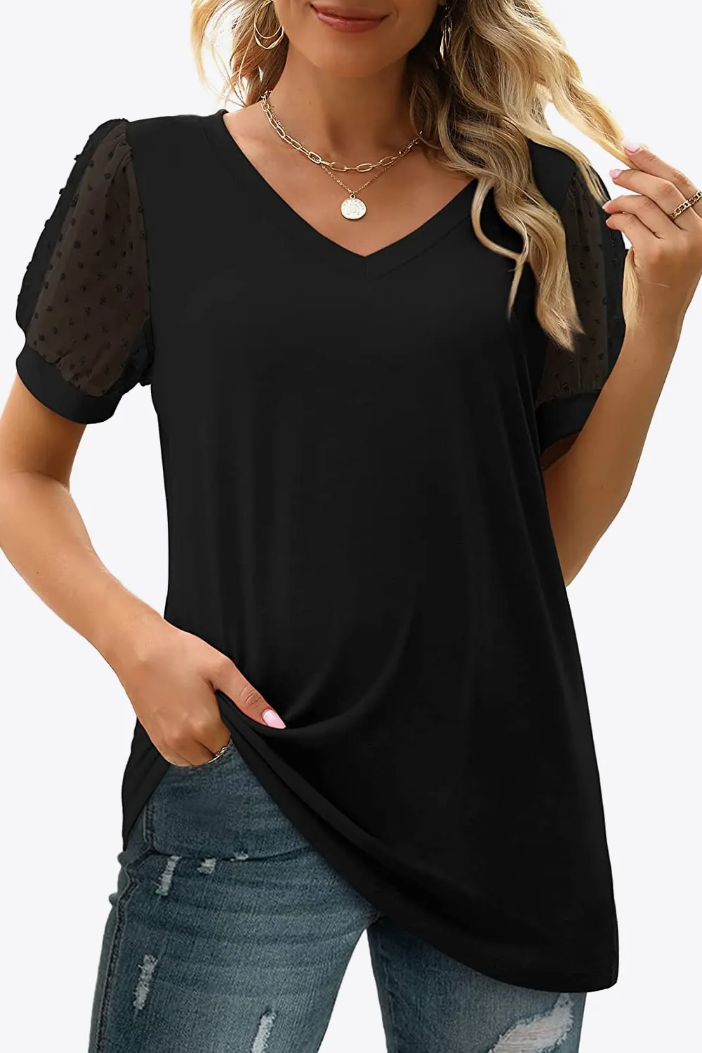 Swiss Dot Puff Sleeve V-Neck Tee, image 6