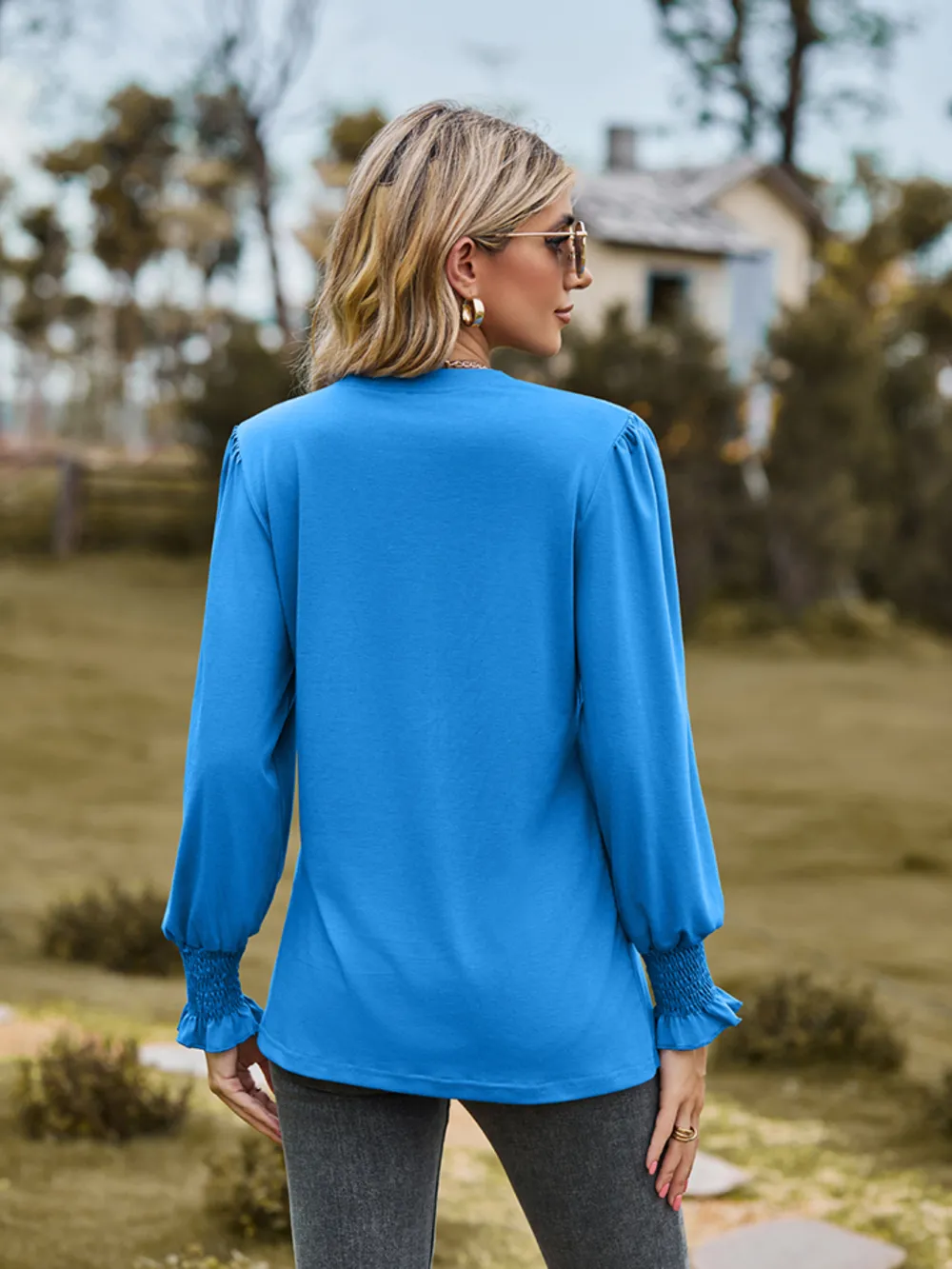 Notched Neck Flounce Sleeve Blouse, image 2