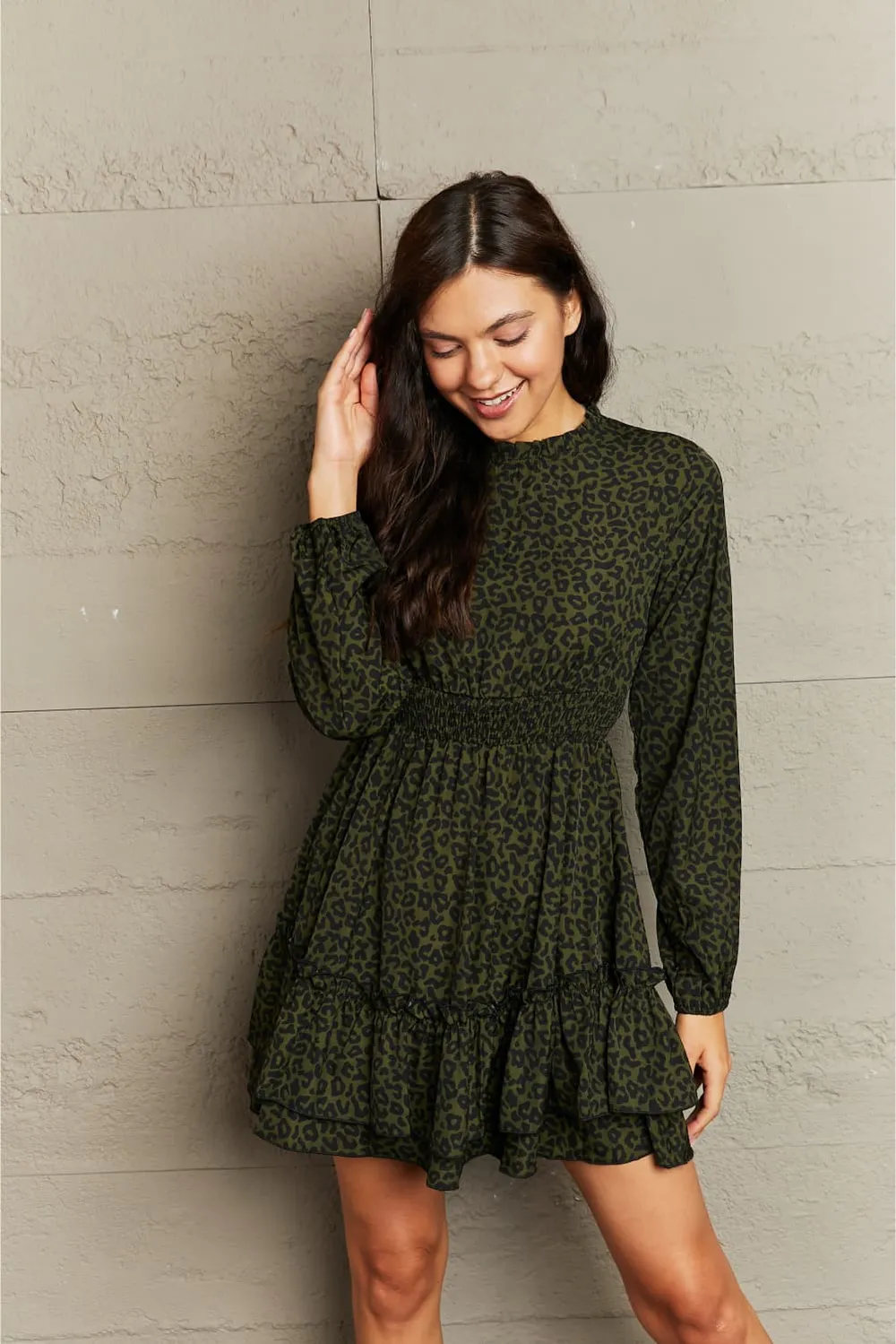 Leopard Smock Waist Long Sleeve Dress, image 3