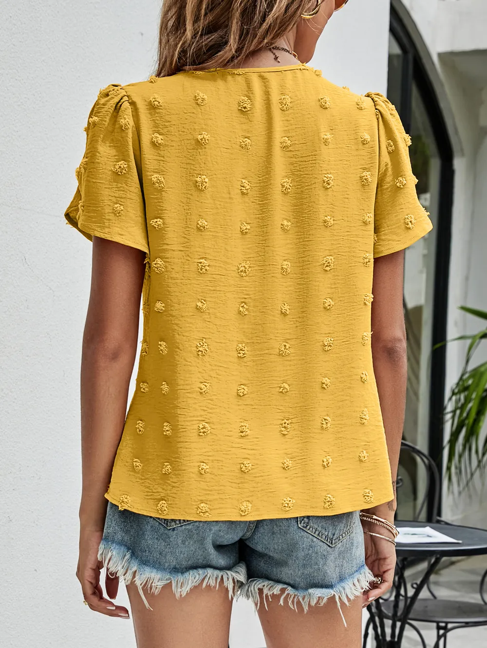 Swiss Dot Round Neck Petal Sleeve Top, image 15