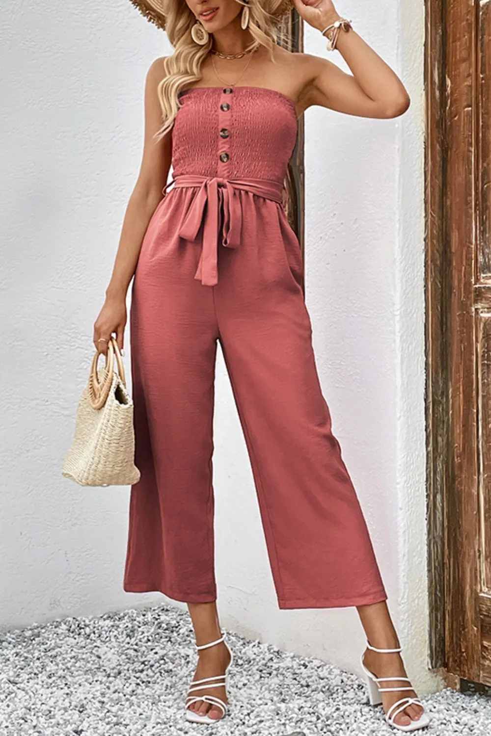 Decorative Button Strapless Smocked Jumpsuit with Pockets, image 4