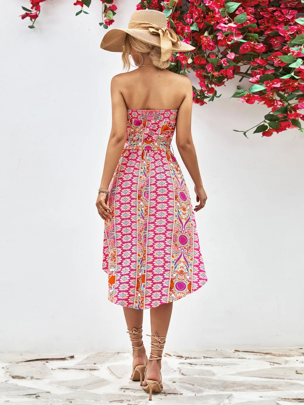 Printed Strapless Tie Belt Dress, image 3