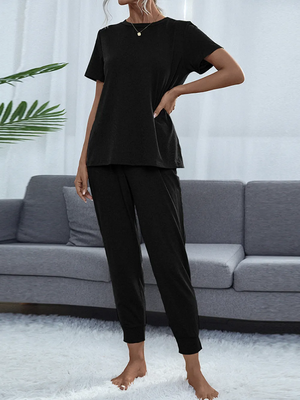 Round Neck Short Sleeve Top and Pants Set, image 5