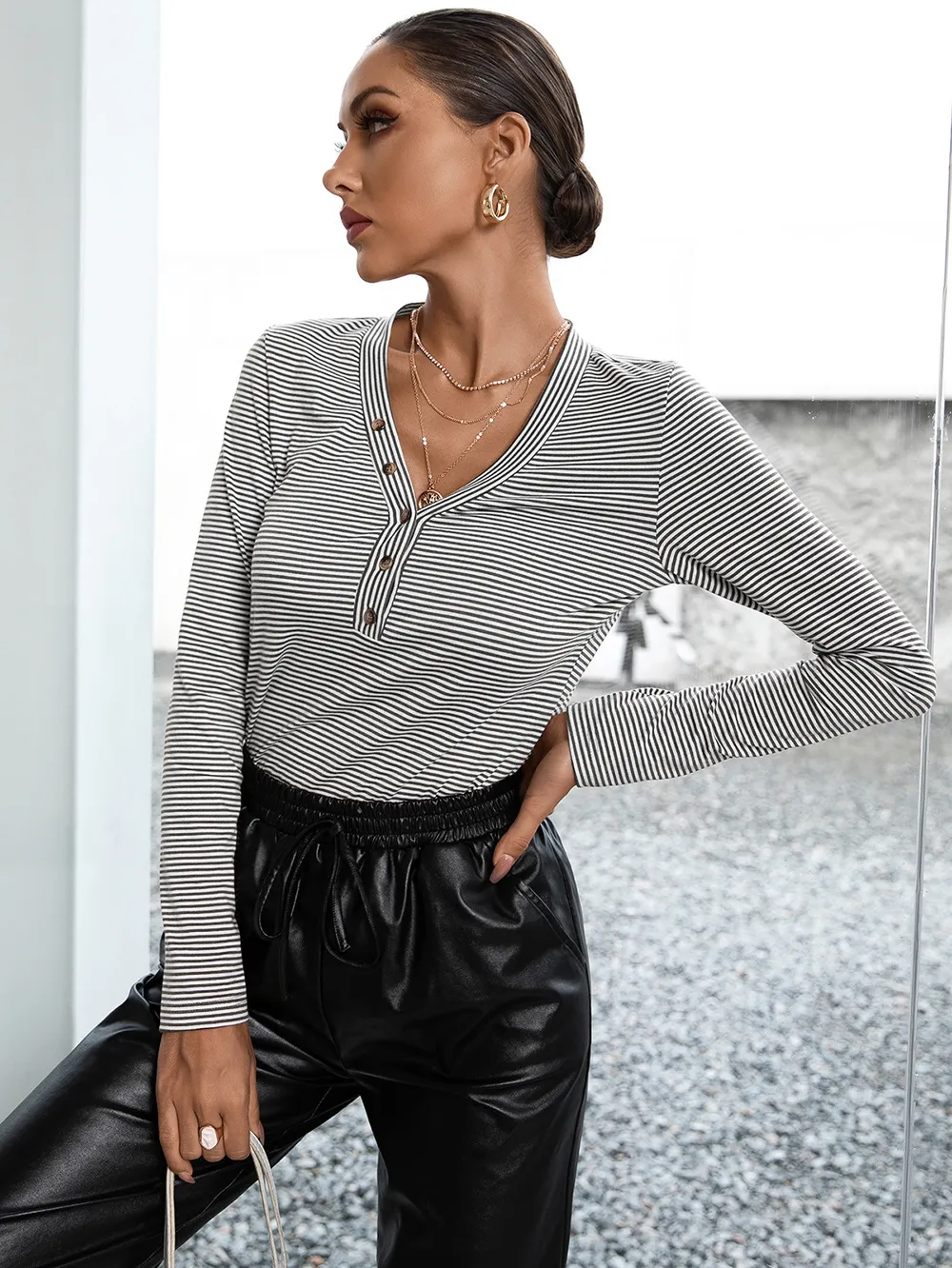 Striped Buttoned V-Neck Long Sleeve Top, image 2