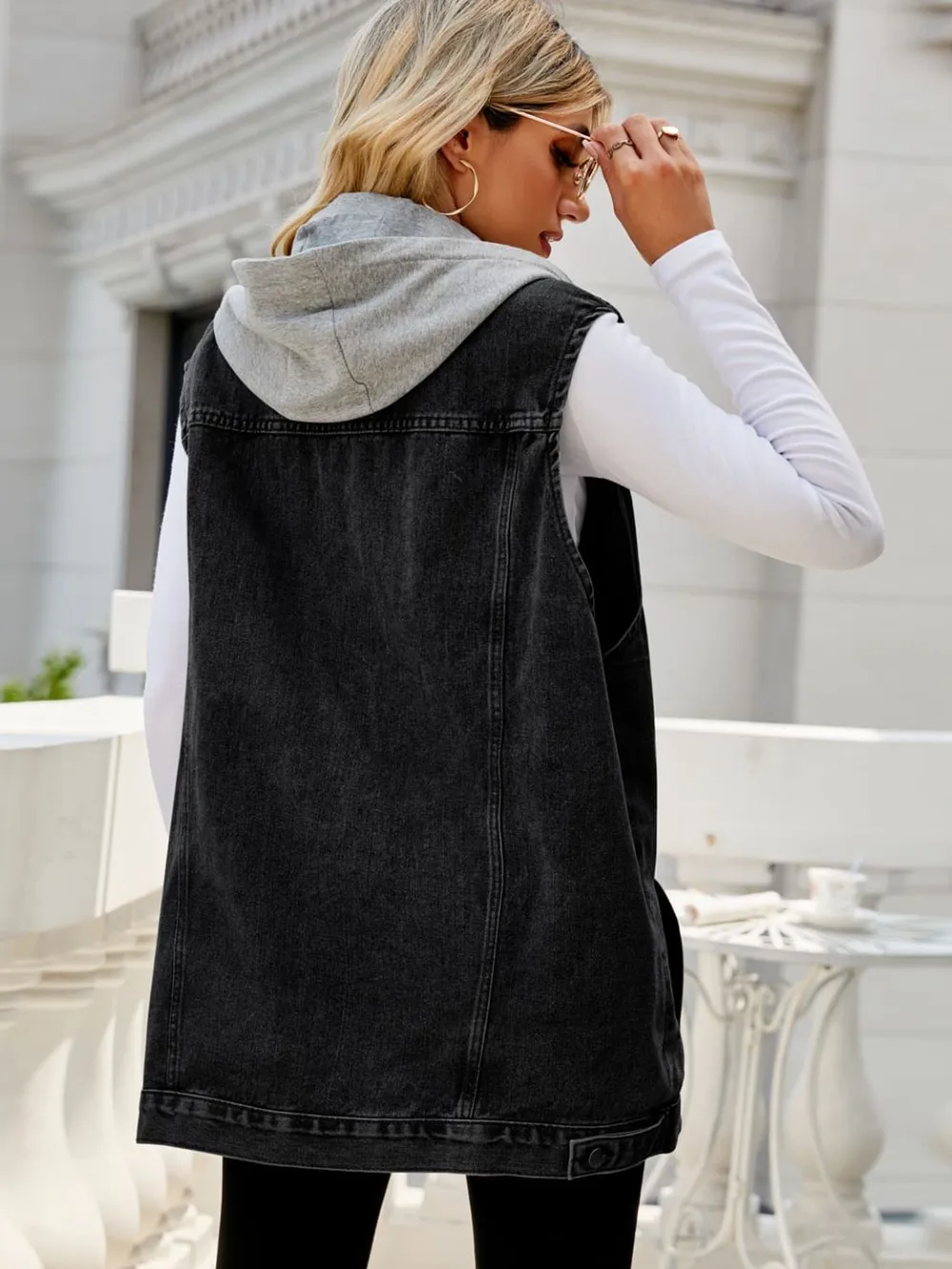 Drawstring Hooded Sleeveless Denim Top with Pockets, image 3