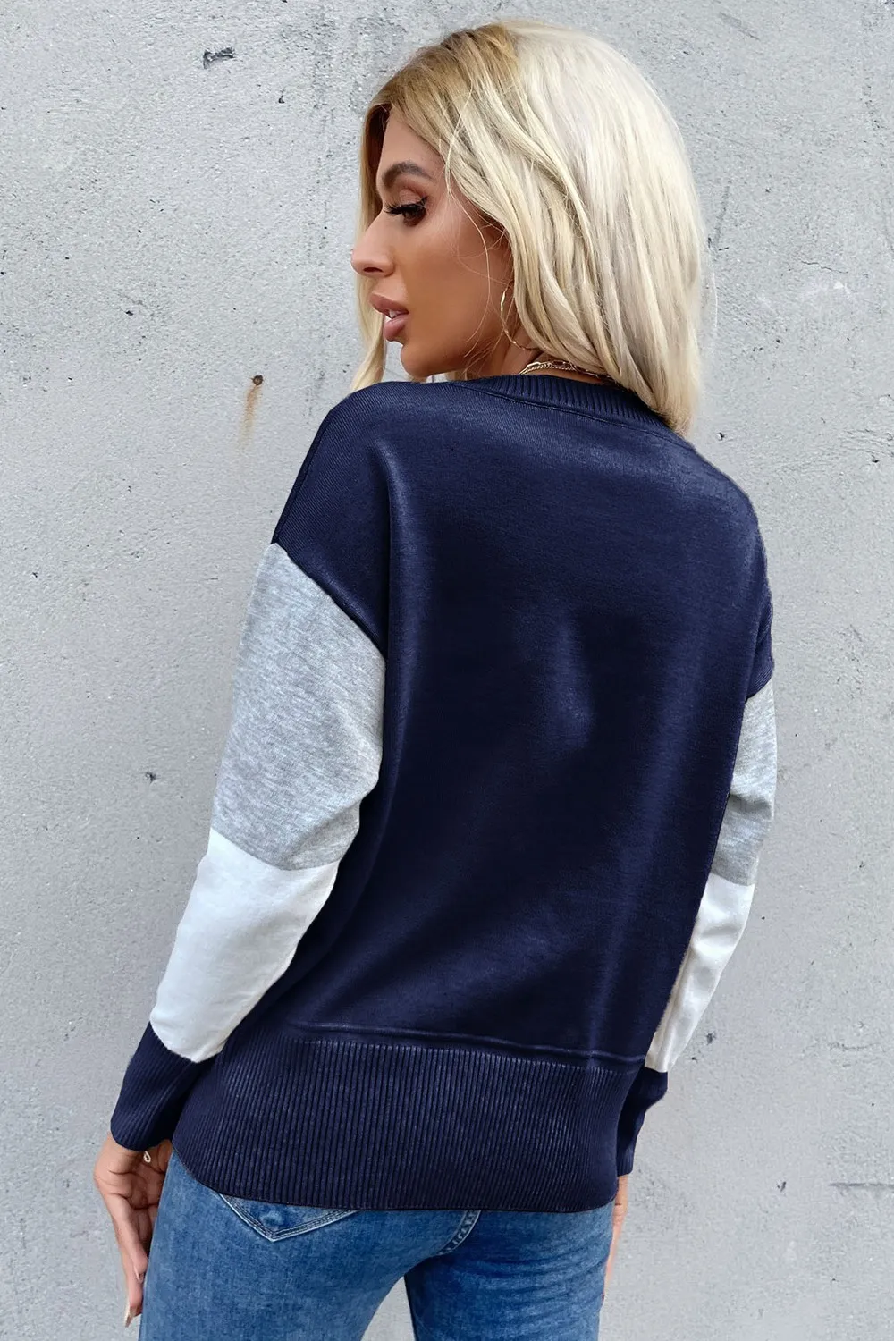 Color Block Ribbed Trim Round Neck Knit Pullover, image 3