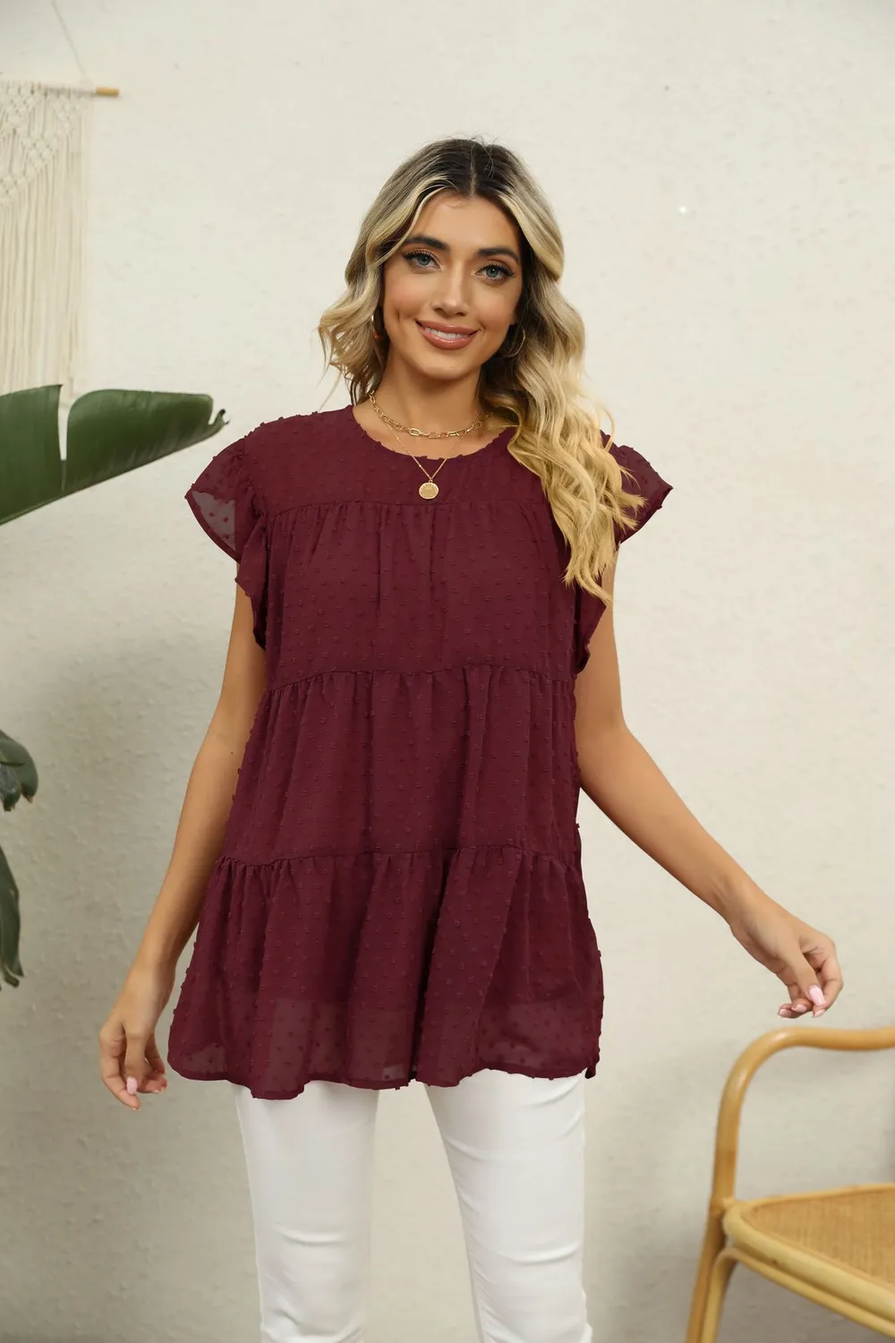 Swiss Dot Round Neck Tiered Blouse, image 16