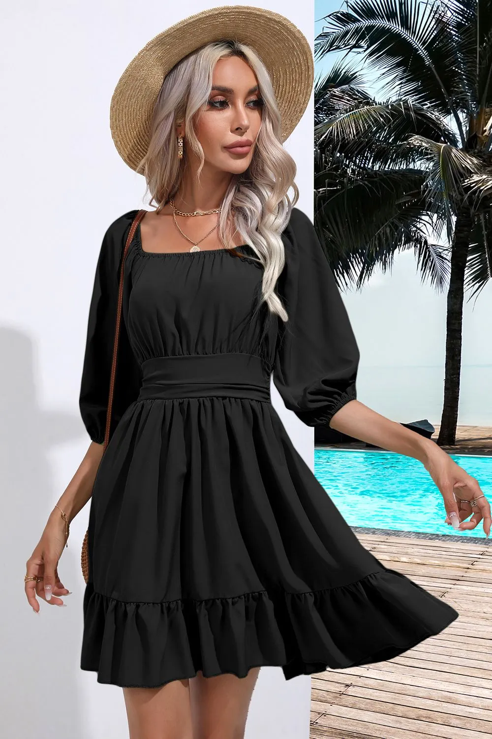 Square Neck Tie Back Ruffle Hem Dress, image 4