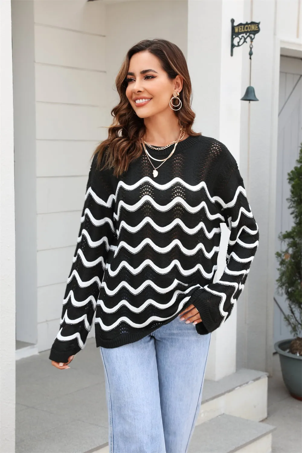 Wave Pattern Round Neck Long Sleeve Sweater, image 3