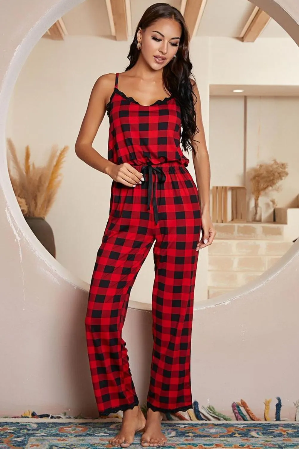 Plaid Lace Trim Spaghetti Strap Jumpsuit, image 3
