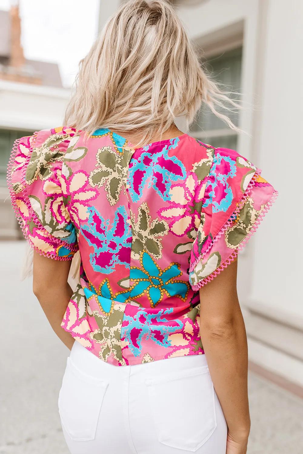 Floral Print Round Neck Flutter Sleeve Blouse, image 2