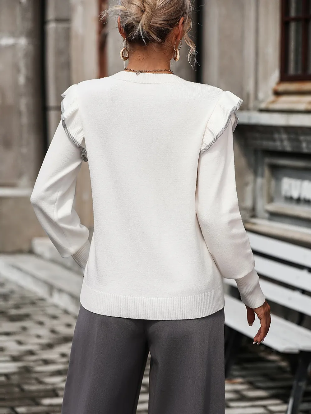 Round Neck Ruffle Trim Long Sleeve Pullover Sweater, image 12