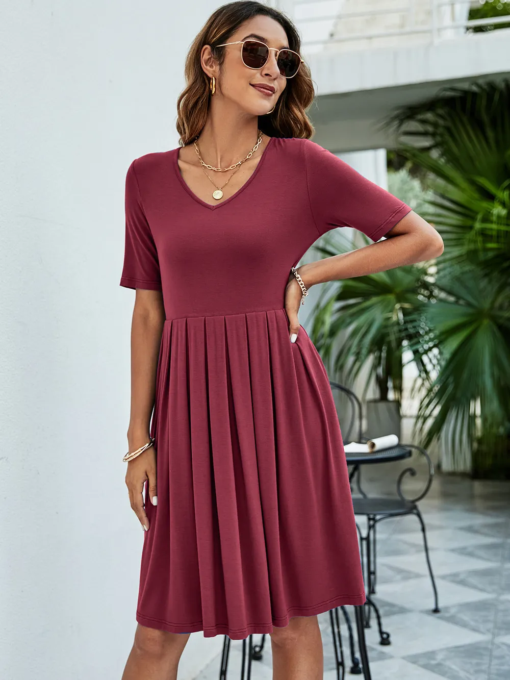 Pleated V-Neck Short Sleeve Tee Dress, image 7