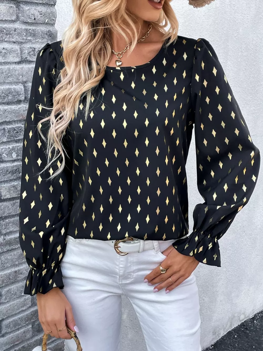 Printed Round Neck Flounce Sleeve Blouse, image 6