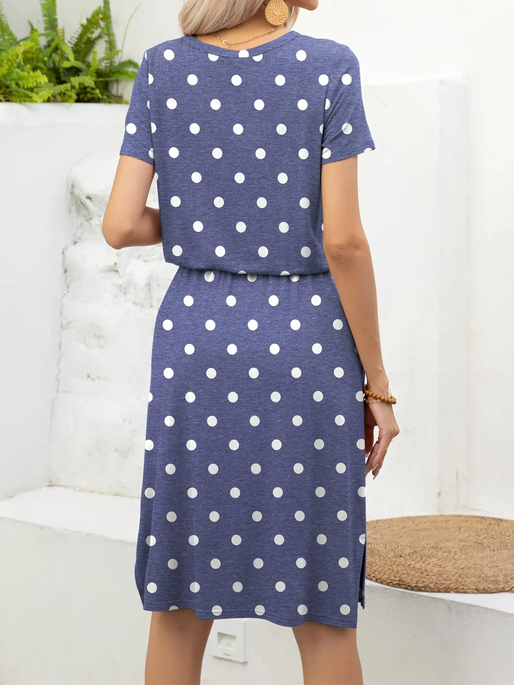 Round Neck Short Sleeve Slit Dress with Pockets, image 6