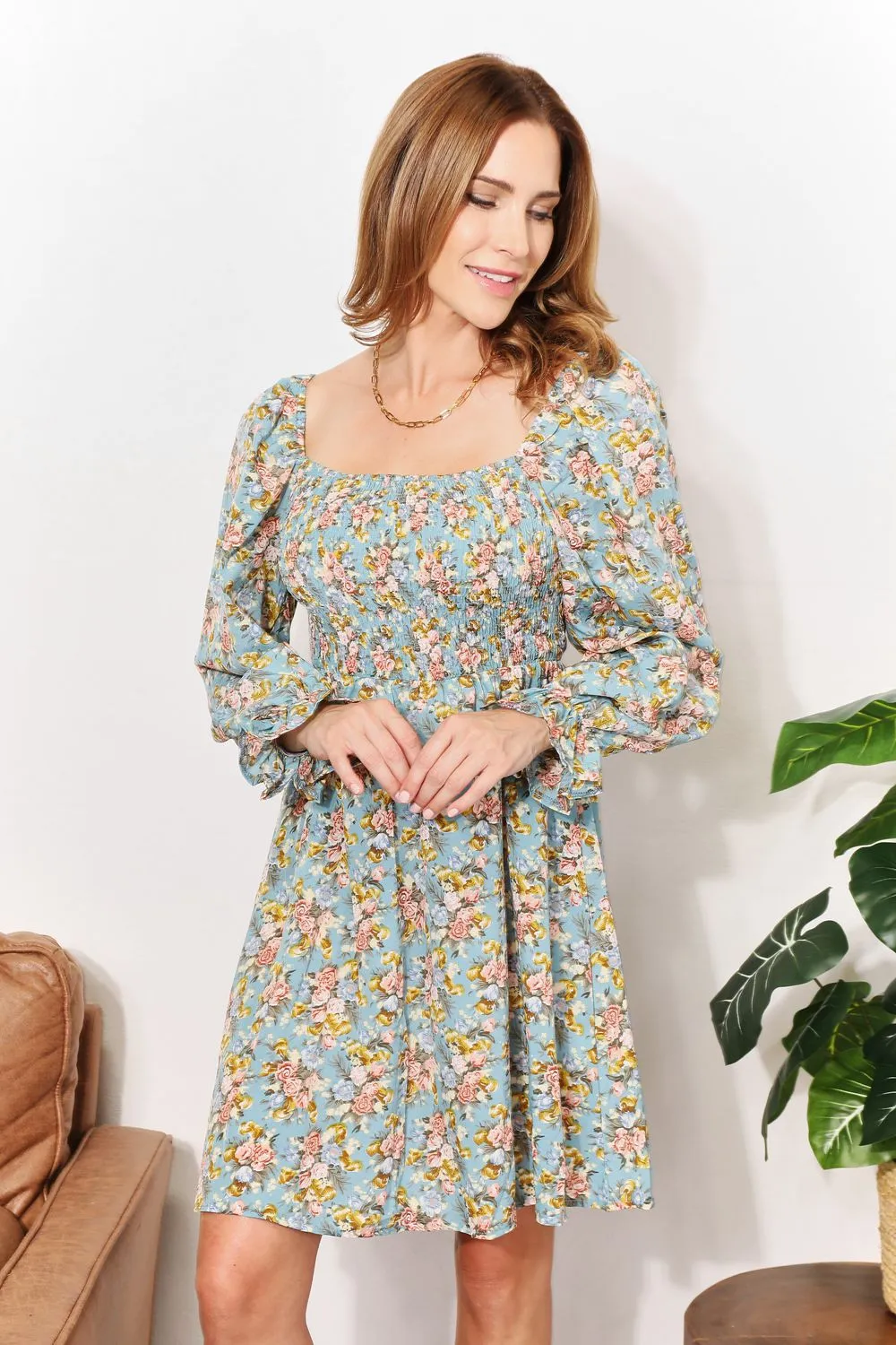 Floral Smocked Flounce Sleeve Square Neck Dress, image 3