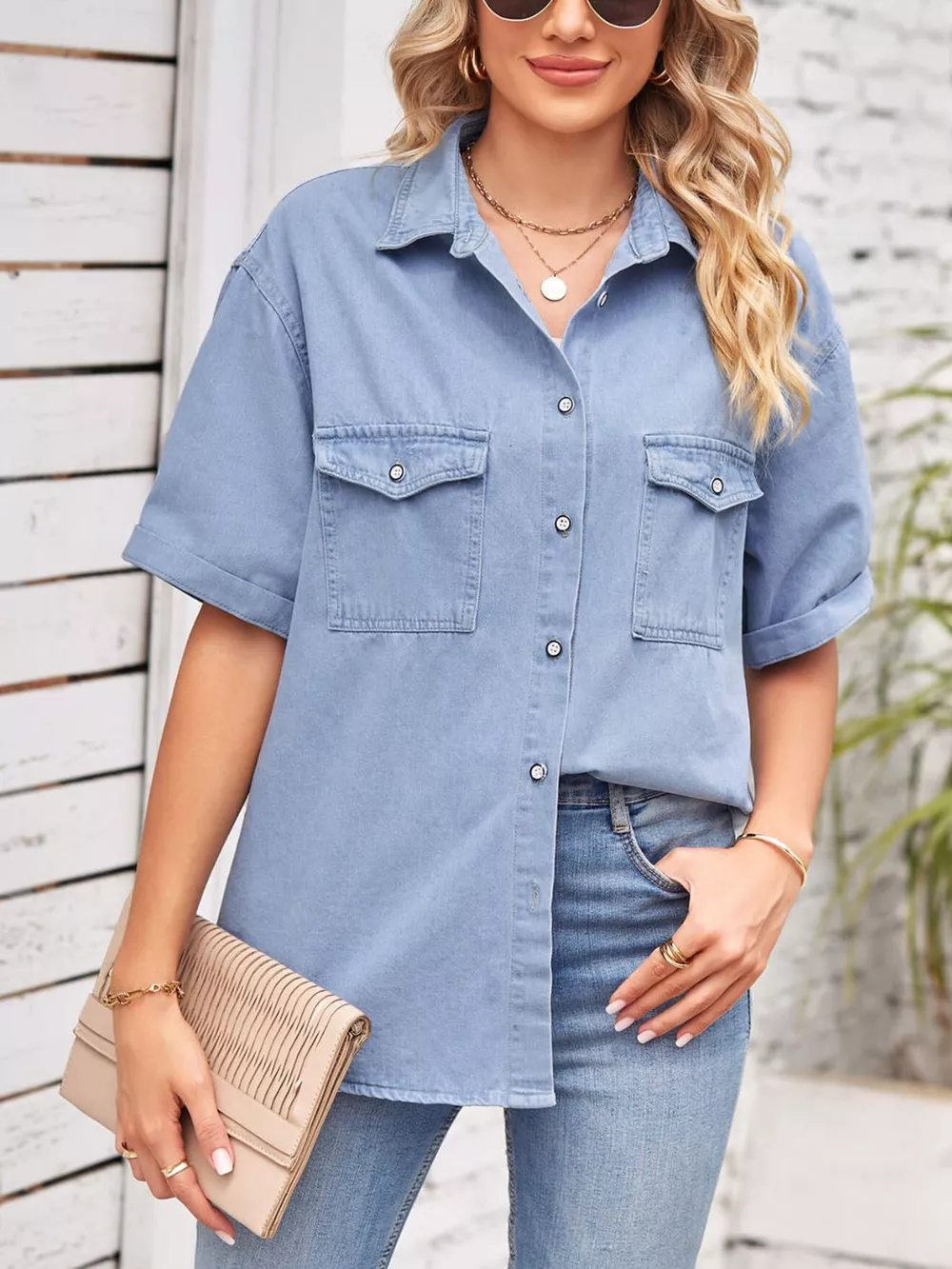 Collared Neck Short Sleeve Denim Jacket, image 5