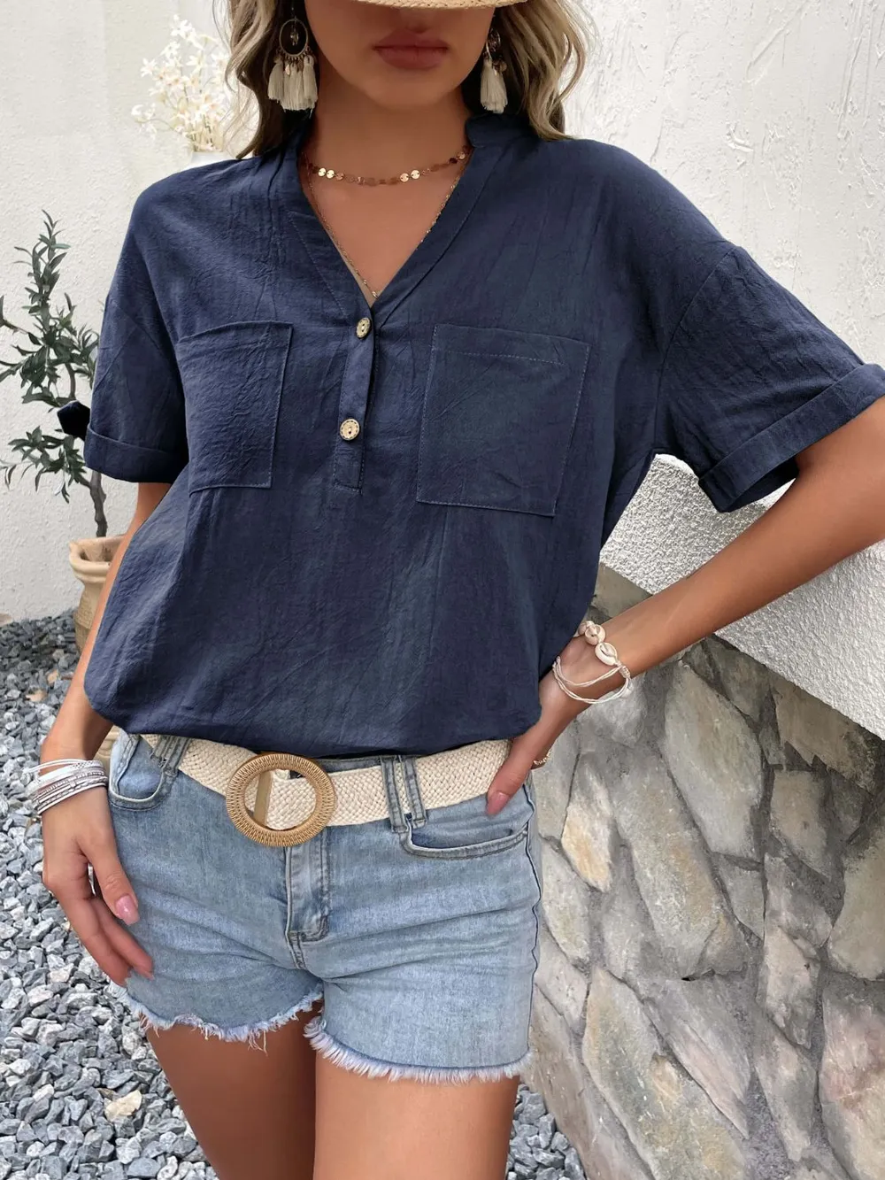 Buttoned Notched Neck Cuffed Sleeve Blouse, image 4