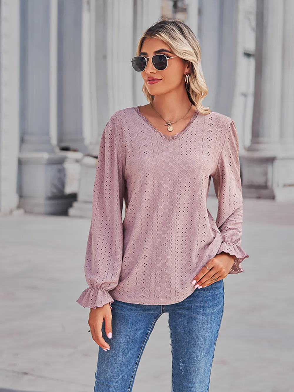 Eyelet V-Neck Flounce Sleeve Blouse, image 7
