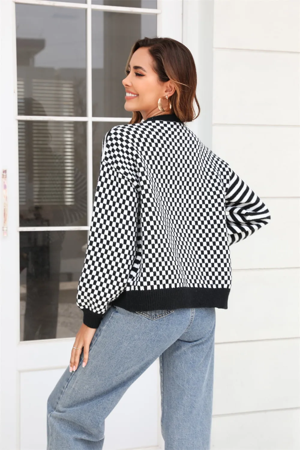 Button-Down Stripe & Plaid Contrast Pattern Cardigan, image 2