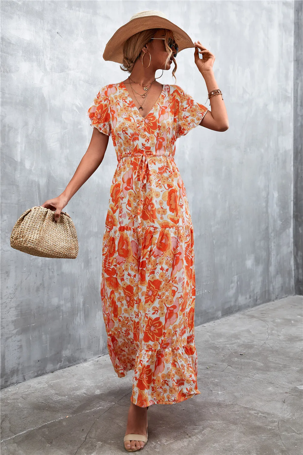 Floral Buttoned Drawstring Waist Tiered Dress, image 3