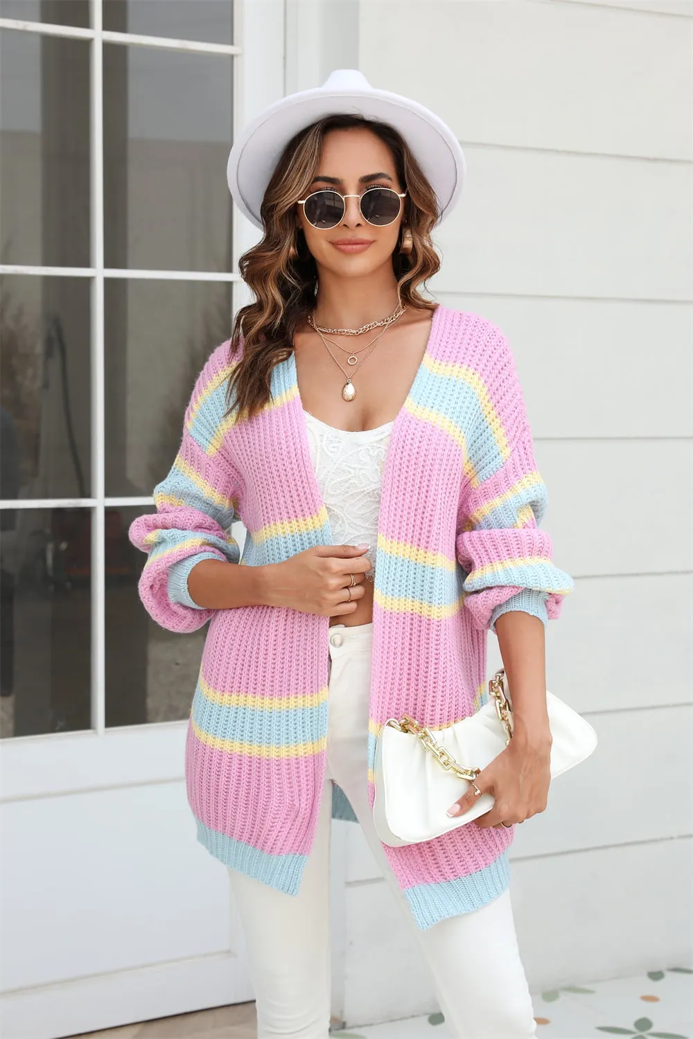 Color Block Ribbed Dropped Shoulder Open Front Cardigan, image 4
