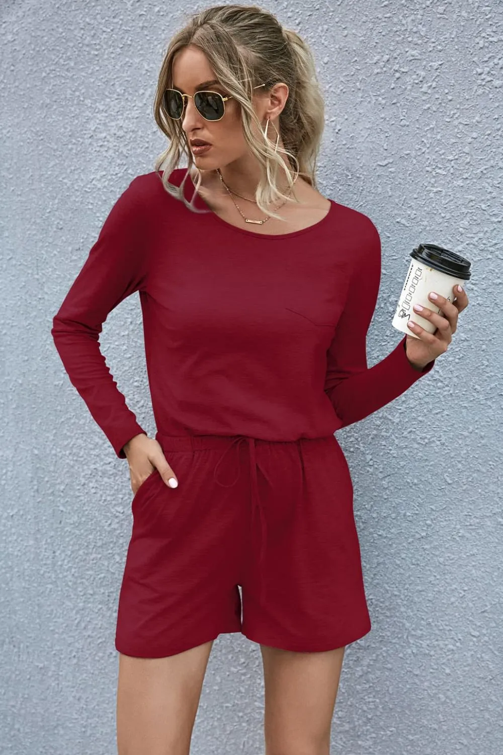 Drawstring Waist Long Sleeve Romper, image 2