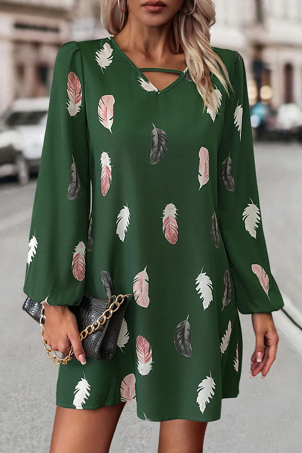 Feather Print V-Neck Dress, image 3