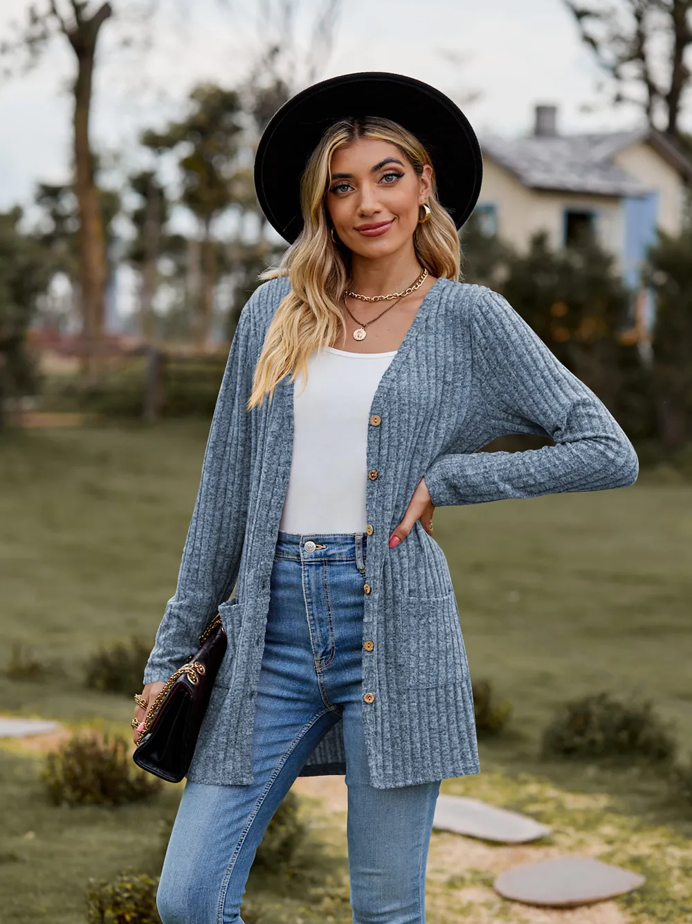 Ribbed Button-Up Cardigan with Pockets, image 7