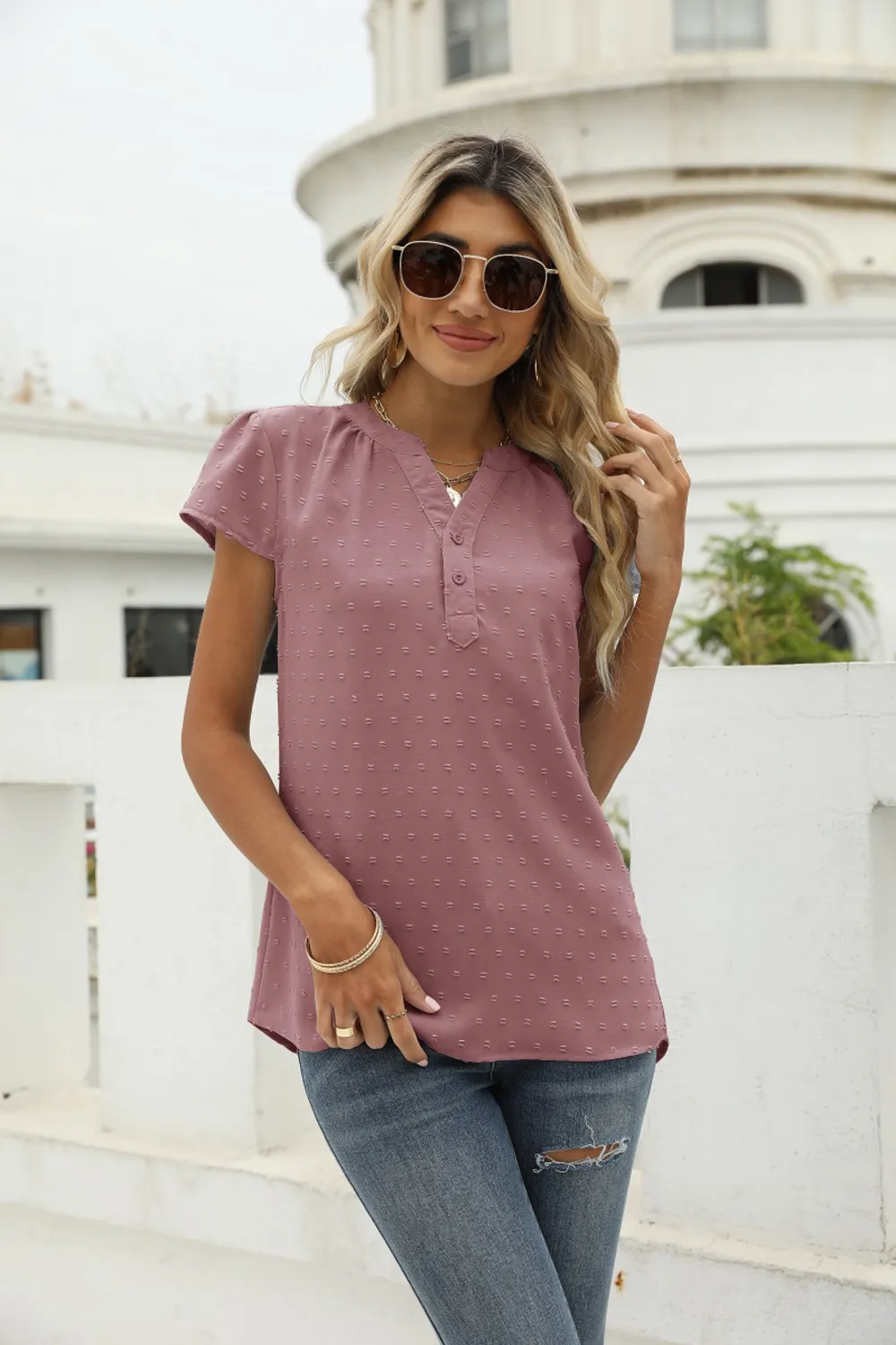 Swiss Dot Notched Neck Short Sleeve Top, image 30